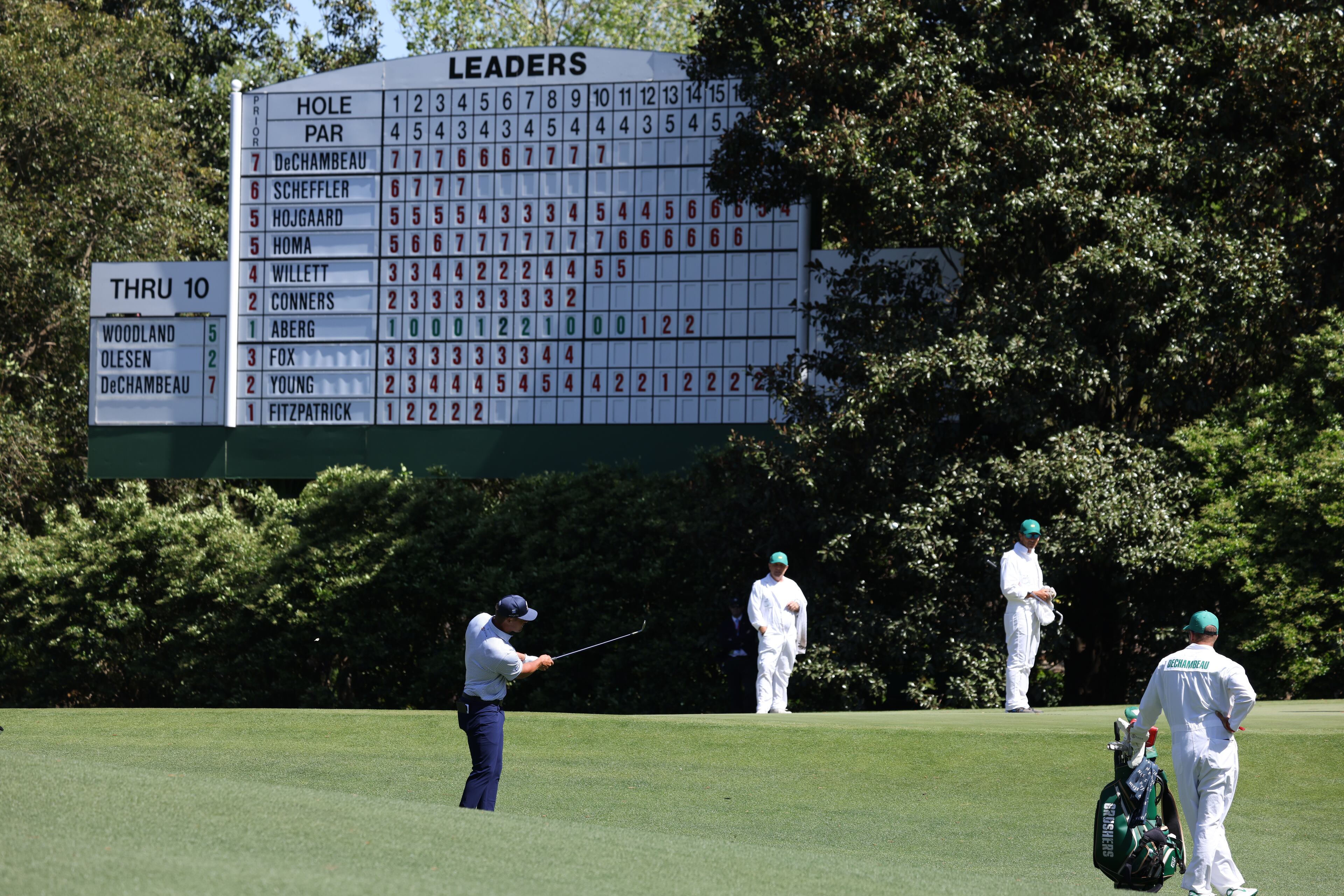 Bryson DeChambeau chips on to 11th green during second round of the 2024 Masters Tournament at Augusta National Golf Club, Friday, April 12, 2024, in Augusta, Ga. Jason Getz / Jason.Getz@ajc.com)