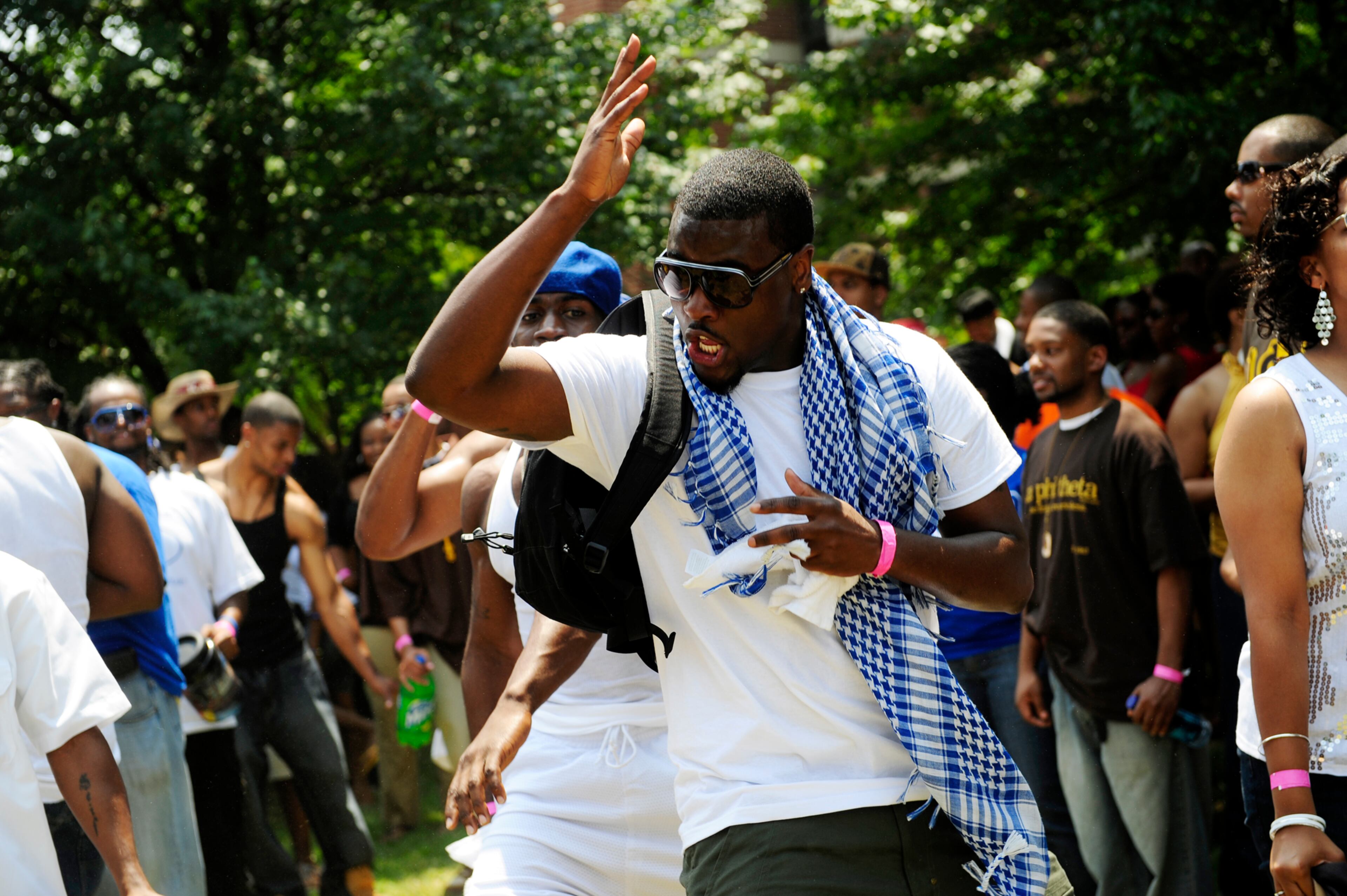 Al Lambert, 22, a graduate of Bloomfield College in New Jersey, dances with his Phi Beta Sigma fraternity brothers during the National Pan-Hellenic Council of Greater Georgia 2008 Family Greek Weekend at Morris Brown.
