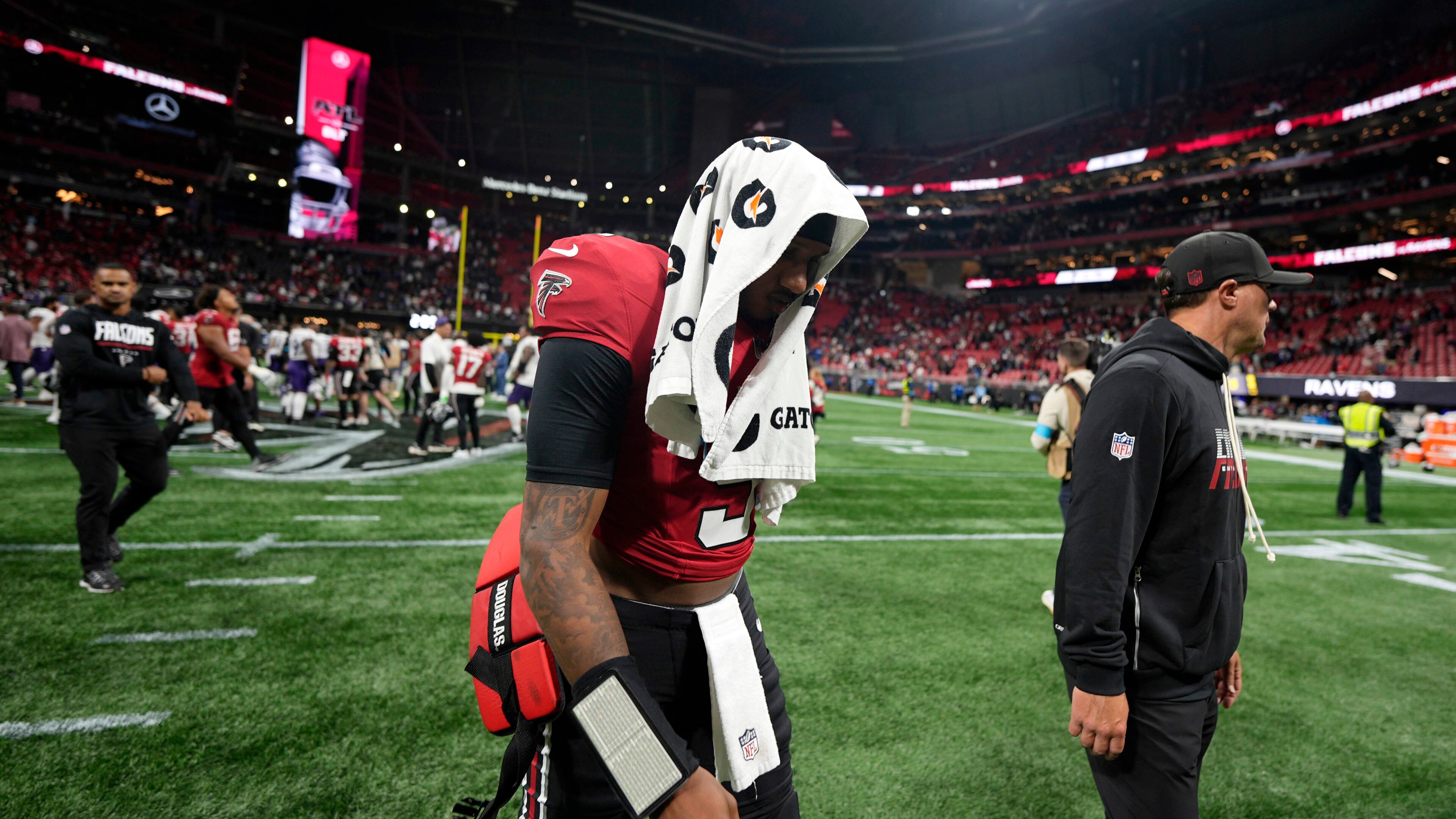 Atlanta Falcons quarterback Michael Penix Jr. walks off the field after a NFL football game against the Baltimore Ravens, Sunday, Oct. 11, 2026, in Atlanta. (AP Photo/Mike Stewart)