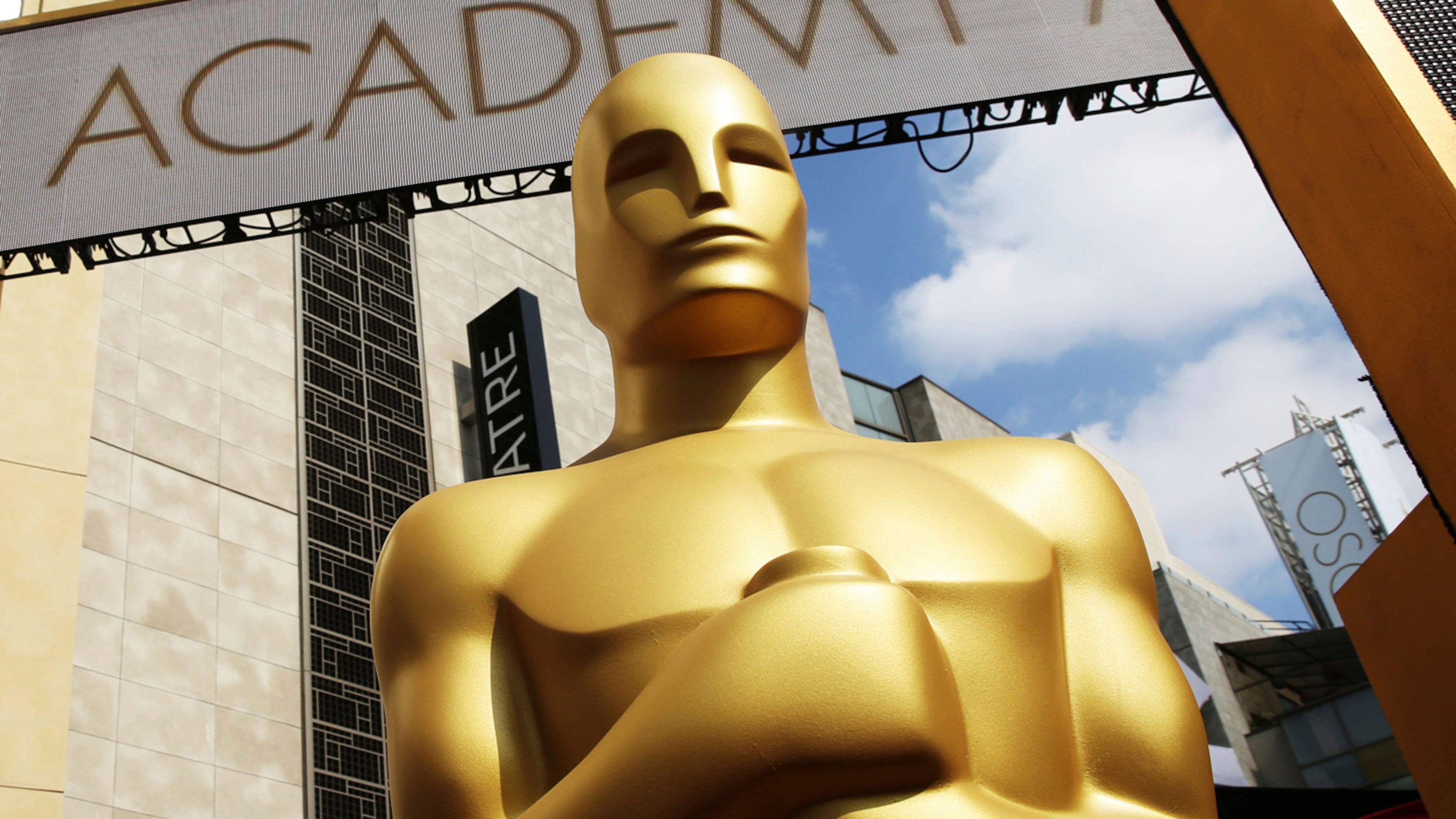 FILE - An Oscar statue appears outside the Dolby Theatre for the 87th Academy Awards in Los Angeles on Feb. 21, 2015. (Photo by Matt Sayles/Invision/AP, File)