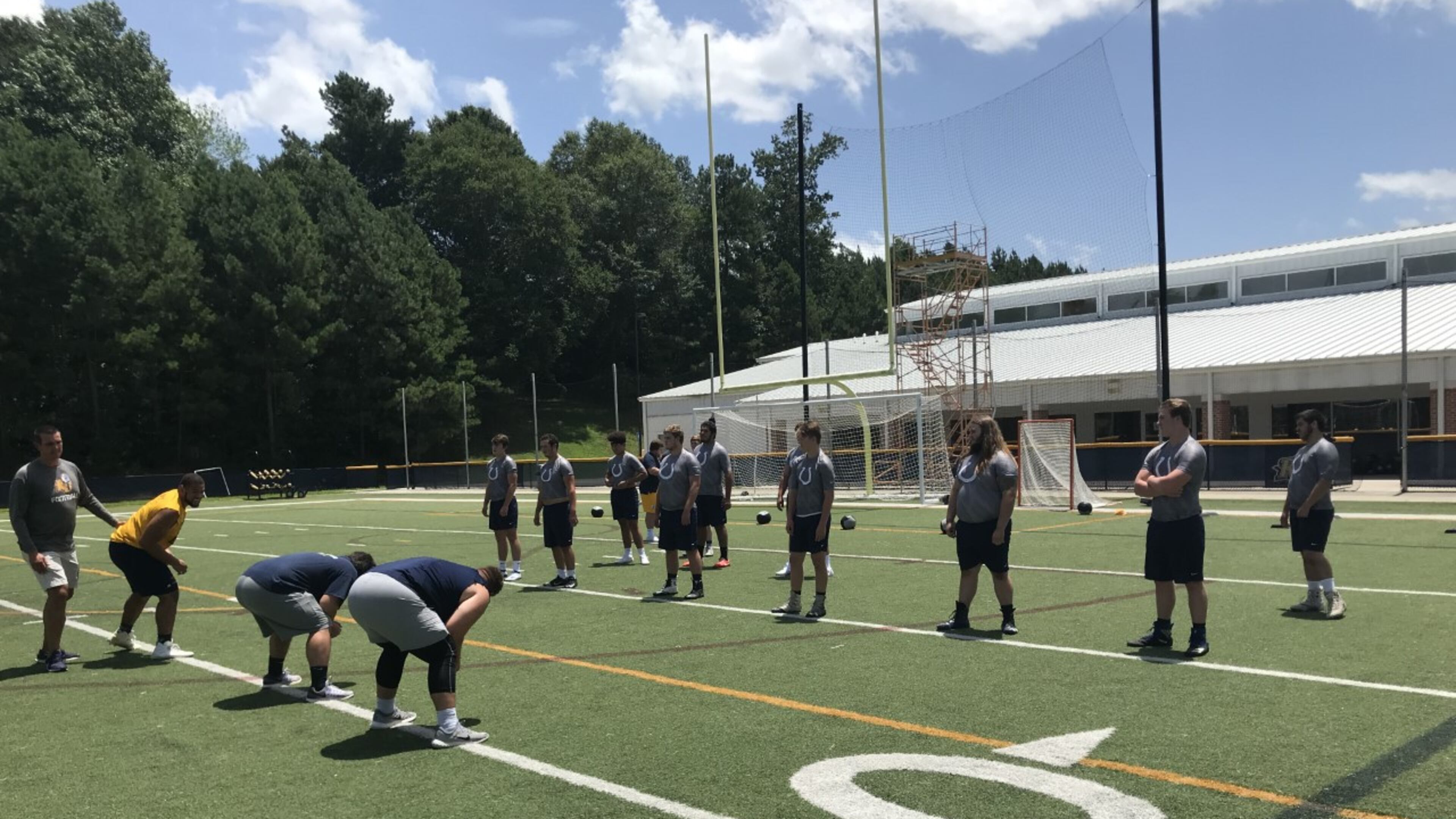 Coahulla Creek linemen participate at a Reinhardt University camp during the offseason. The Colts are looking to reverse their fortunes, having gone 3-38 since 2015. (Courtesy of Coahulla Creek)