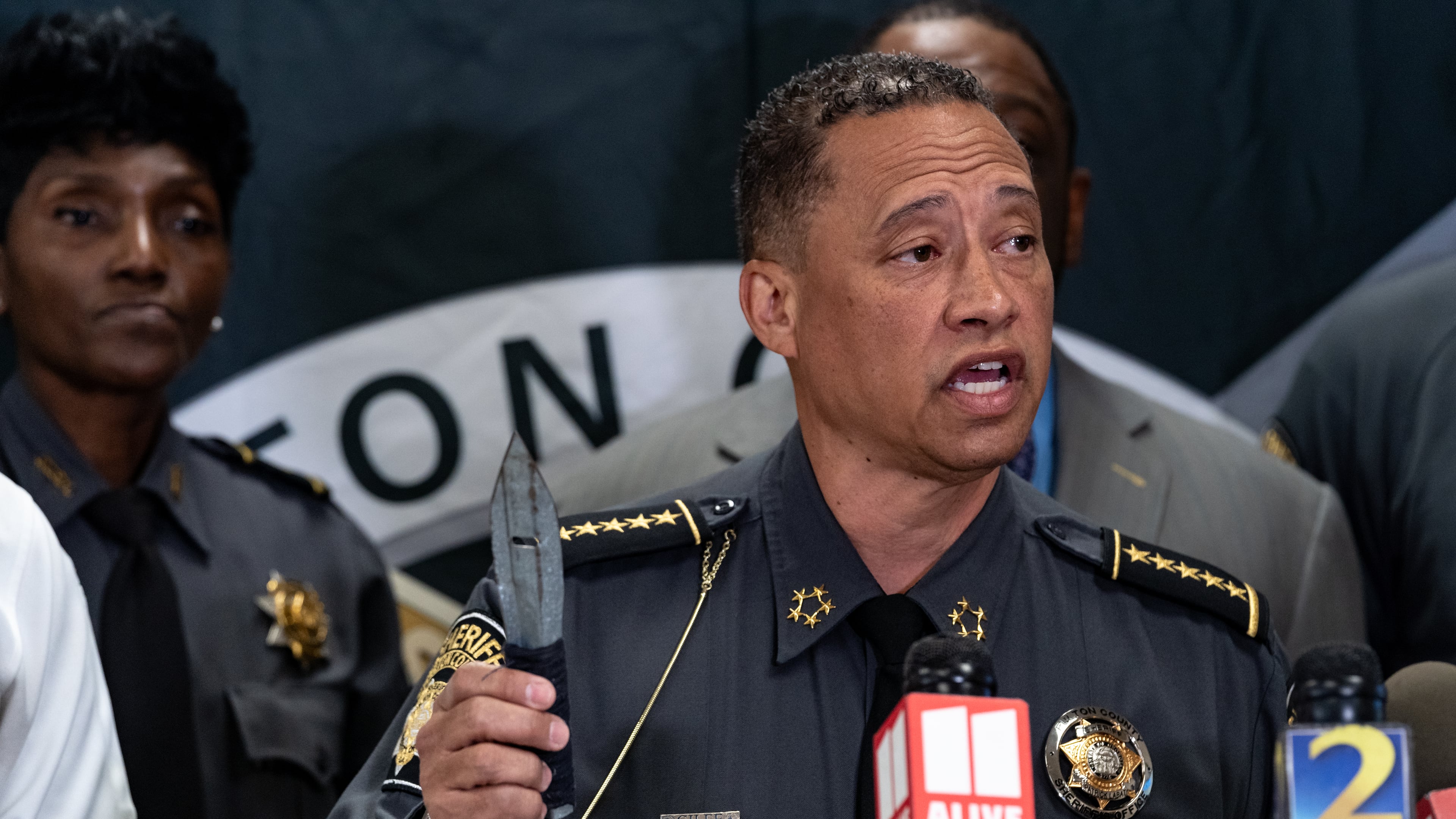 During a news conference in 2024, Fulton County Sheriff Pat Labat shows a weapon found inside the county jail. (Ben Hendren for the AJC)