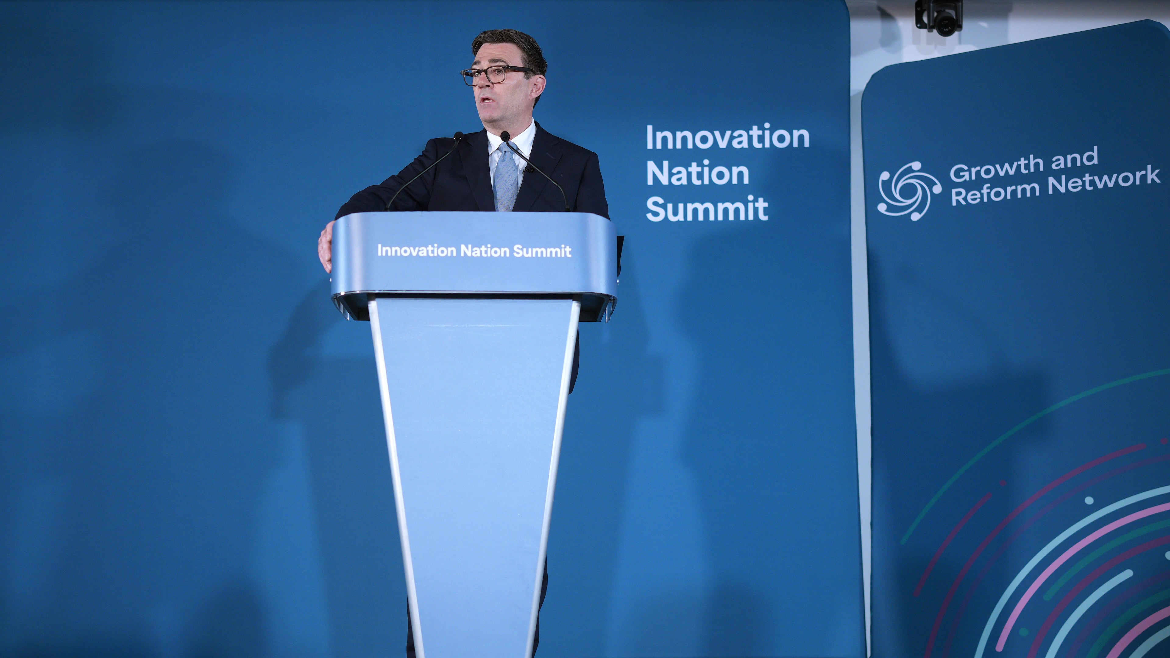 Britain's Prime Minister Andy Burnham delivers a speech at the The Innovation Nation Summit at Bruntwood SciTech in Manchester, England, Friday Oct. 9, 2026. (Christopher Furlong/Pool Photo via AP)