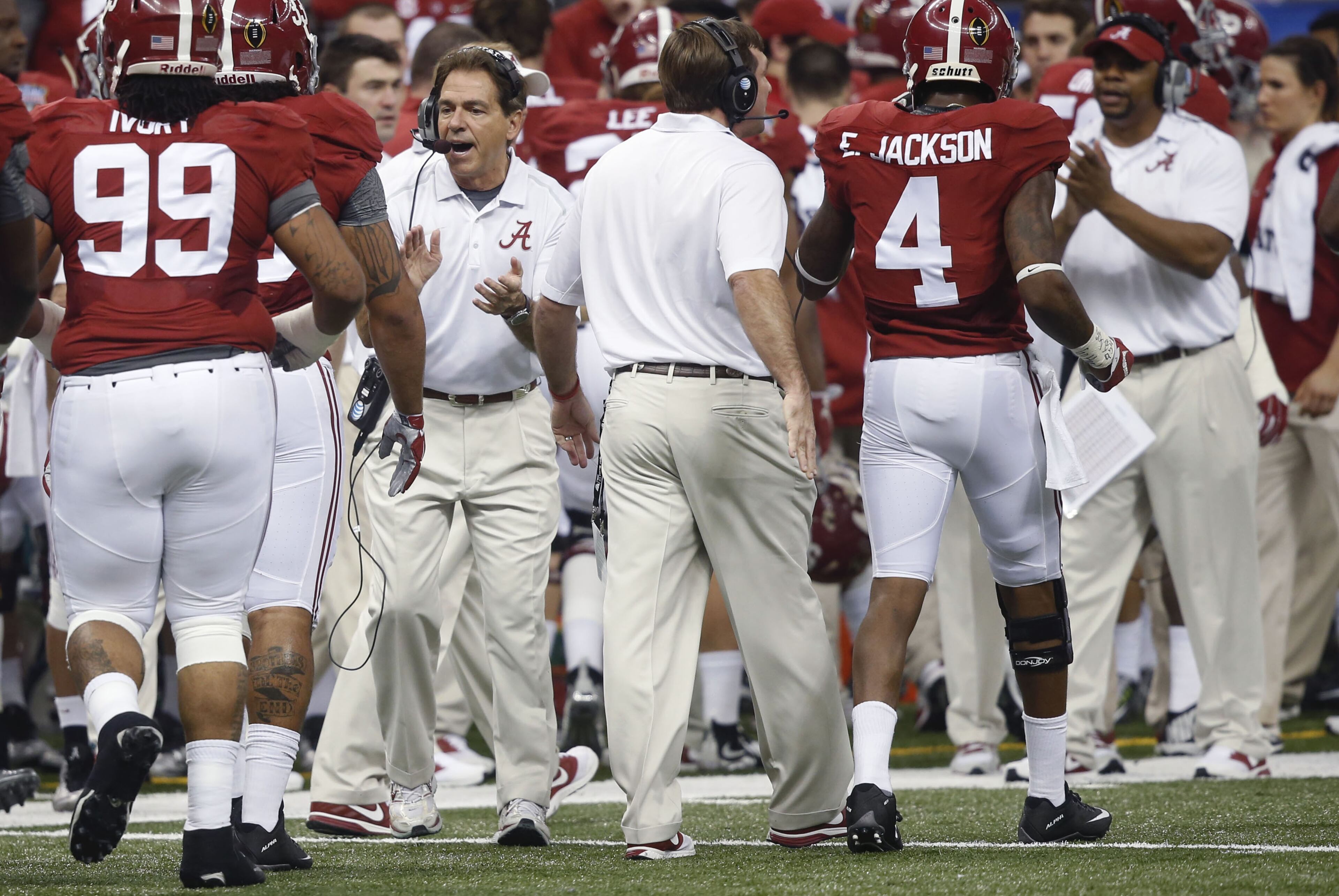 Alabama head coach Nick Saban walks on the field during the first half of the Sugar Bowl NCAA college football playoff semifinal game against Ohio State, Thursday, Jan. 1, 2015, in New Orleans. (AP Photo/Bill Haber)