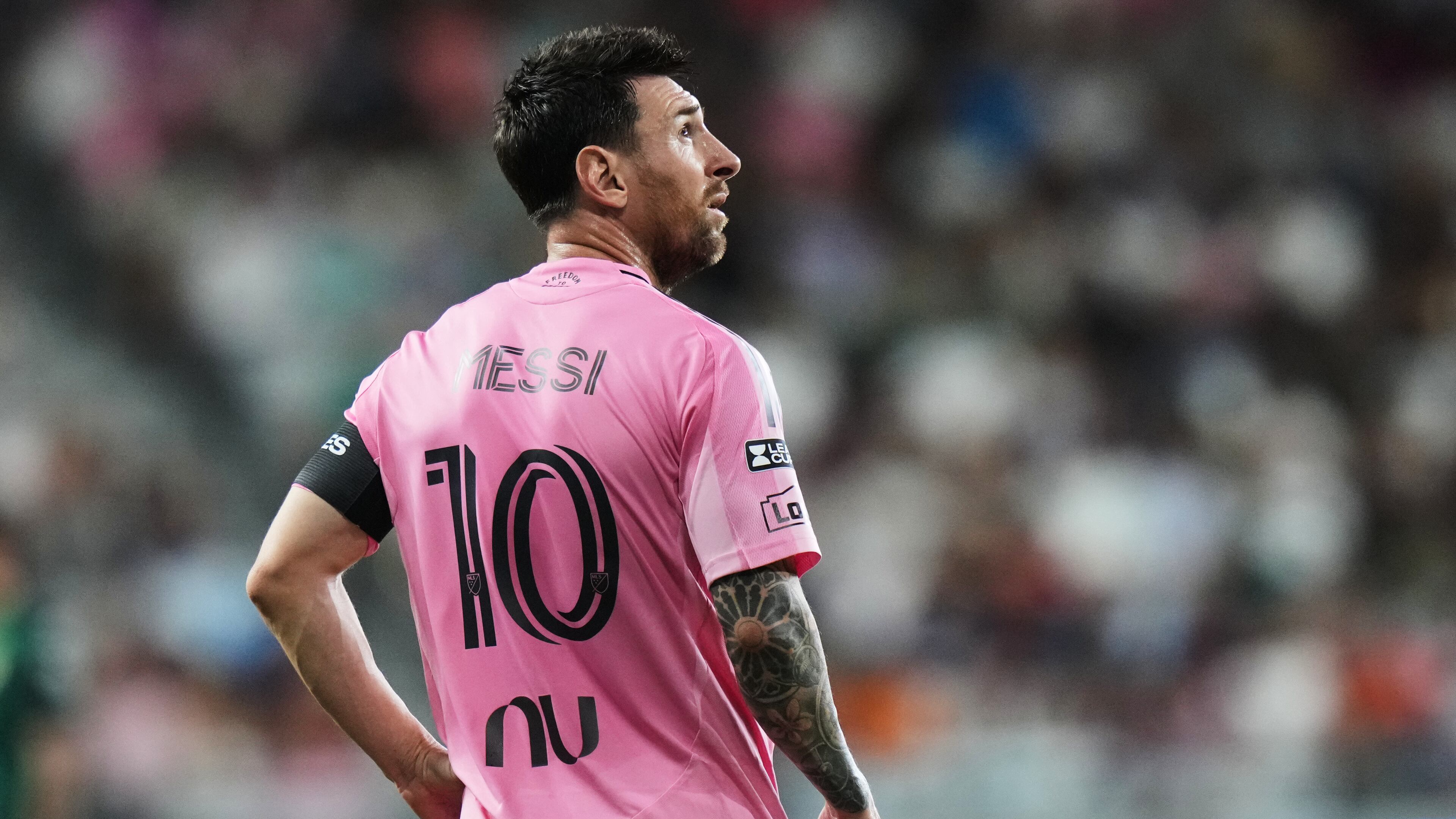 Inter Miami forward Lionel Messi (10) stands on the field during the second half of a Leagues Cup soccer match against Club León, Wednesday, Aug. 12, 2026, in Miami. (AP Photo/Lynne Sladky)