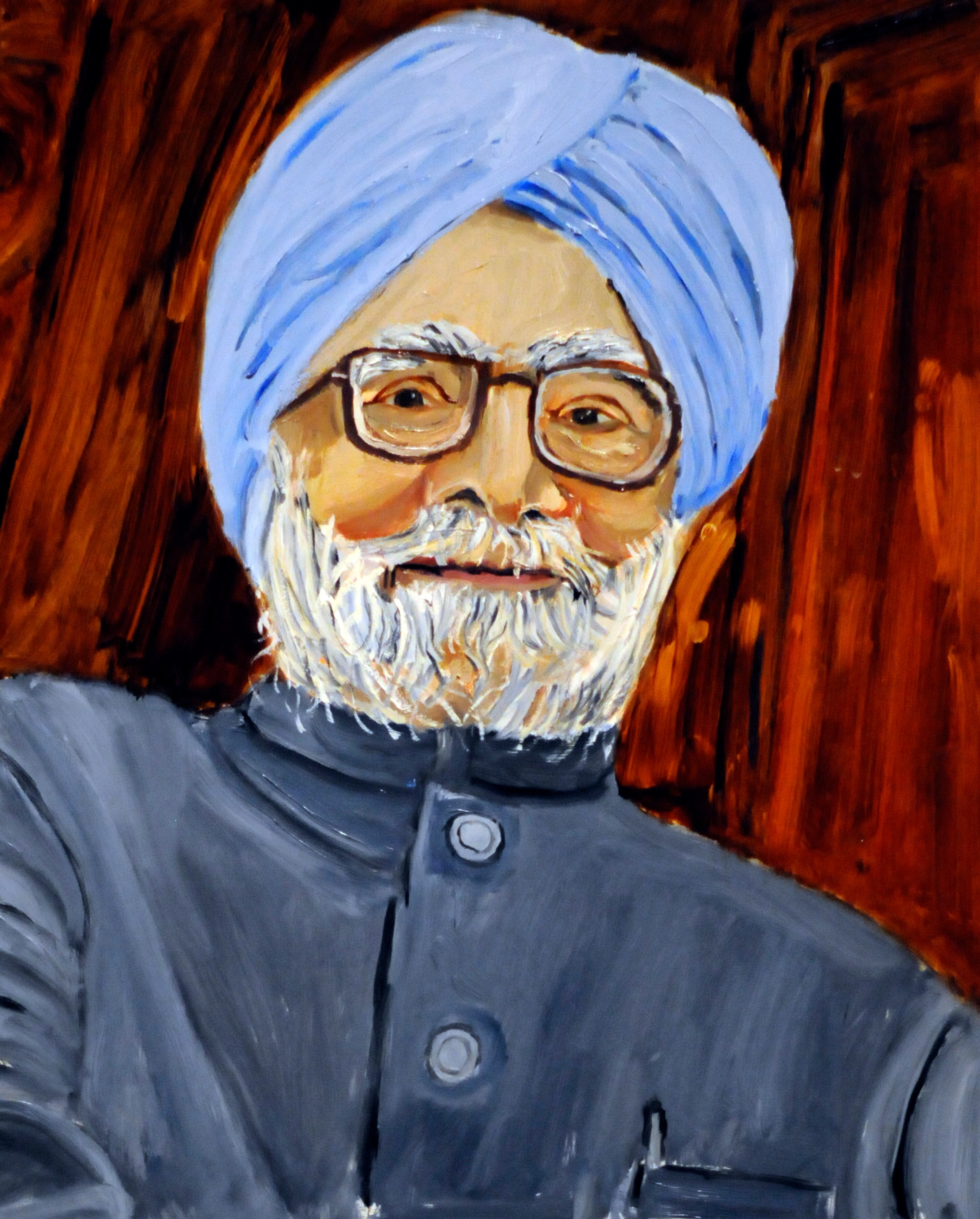 A detail of a portrait of Indian Prime Minister Manmohan Singh which is part of the exhibit "The Art of Leadership: A President's Diplomacy," is on display at the George W. Bush Presidential Library and Museum in Dallas, Friday, April 4, 2014. The exhibit of portraits of world leaders painted by former President George W. Bush opens Saturday and runs through June 3. (AP Photo/Benny Snyder)