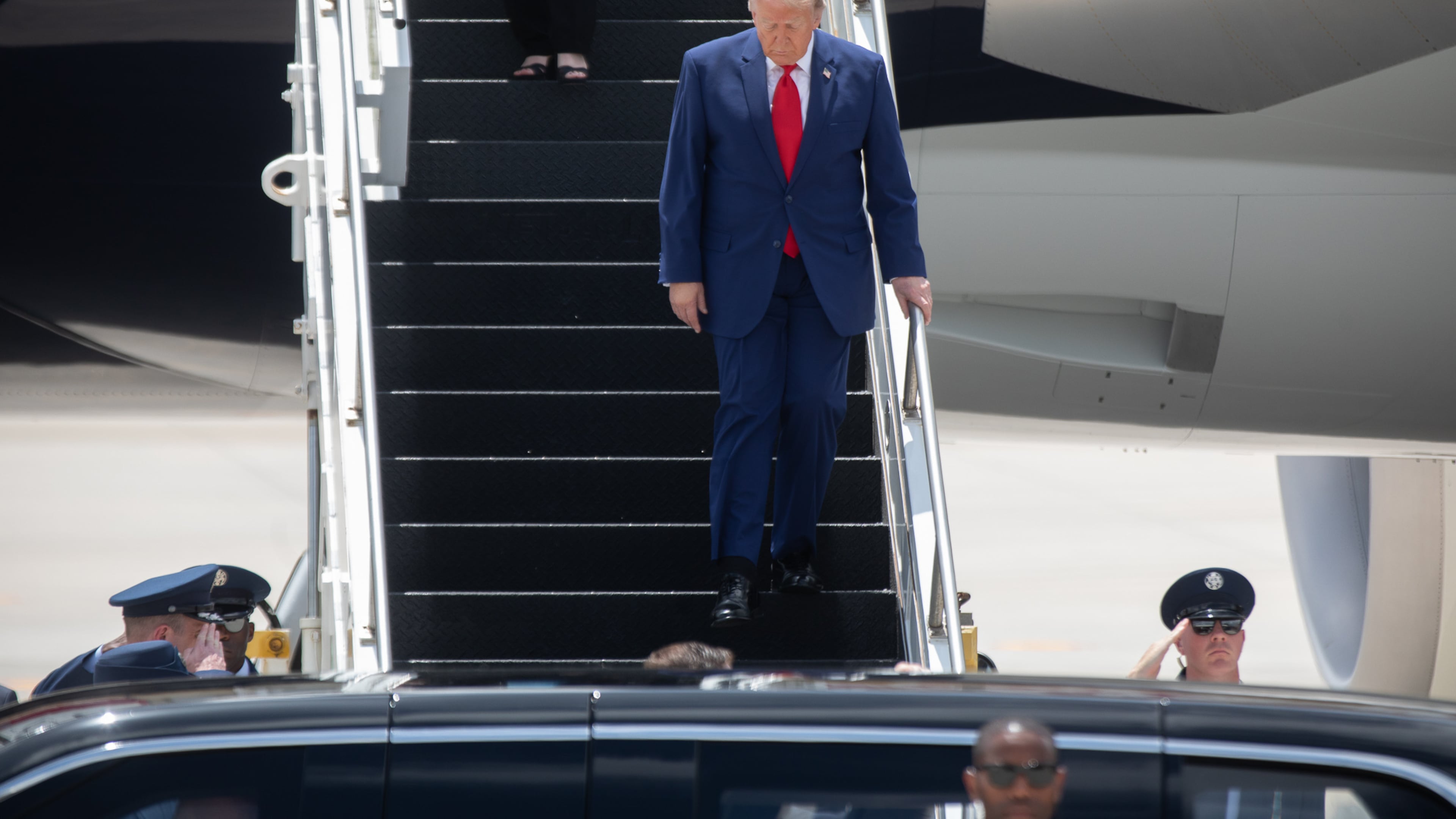 President Donald Trump arrives in Cobb County for an event at Wheeler High School on Wednesday, July 22, 2026. (Riley Bunch/AJC)