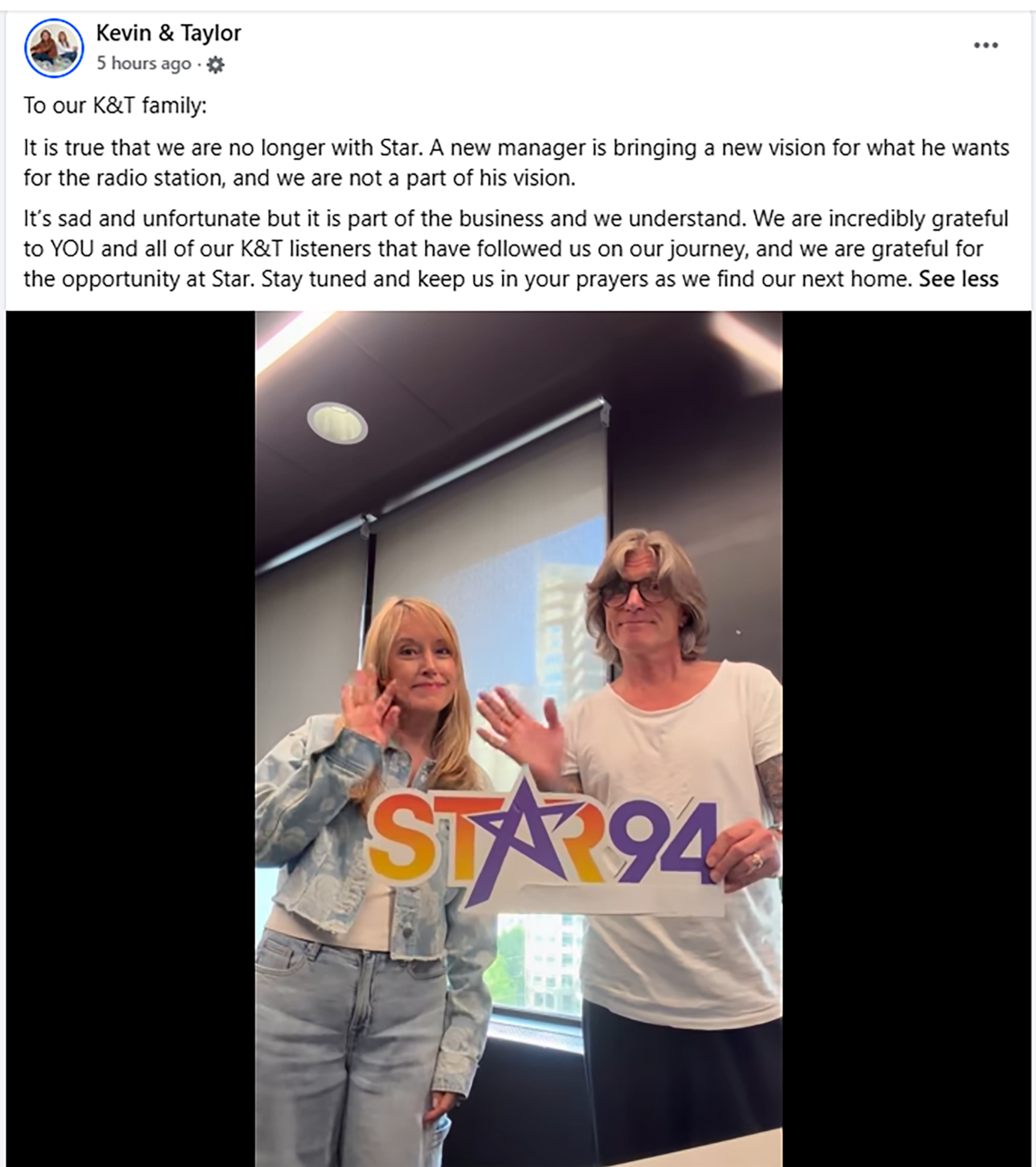 Kevin & Taylor made a brief going away video in the studios at Star 94.1 after their final show Aug. 18, 2026, 11 months after they debuted on the pop station. (Facebook screenshot off public page)