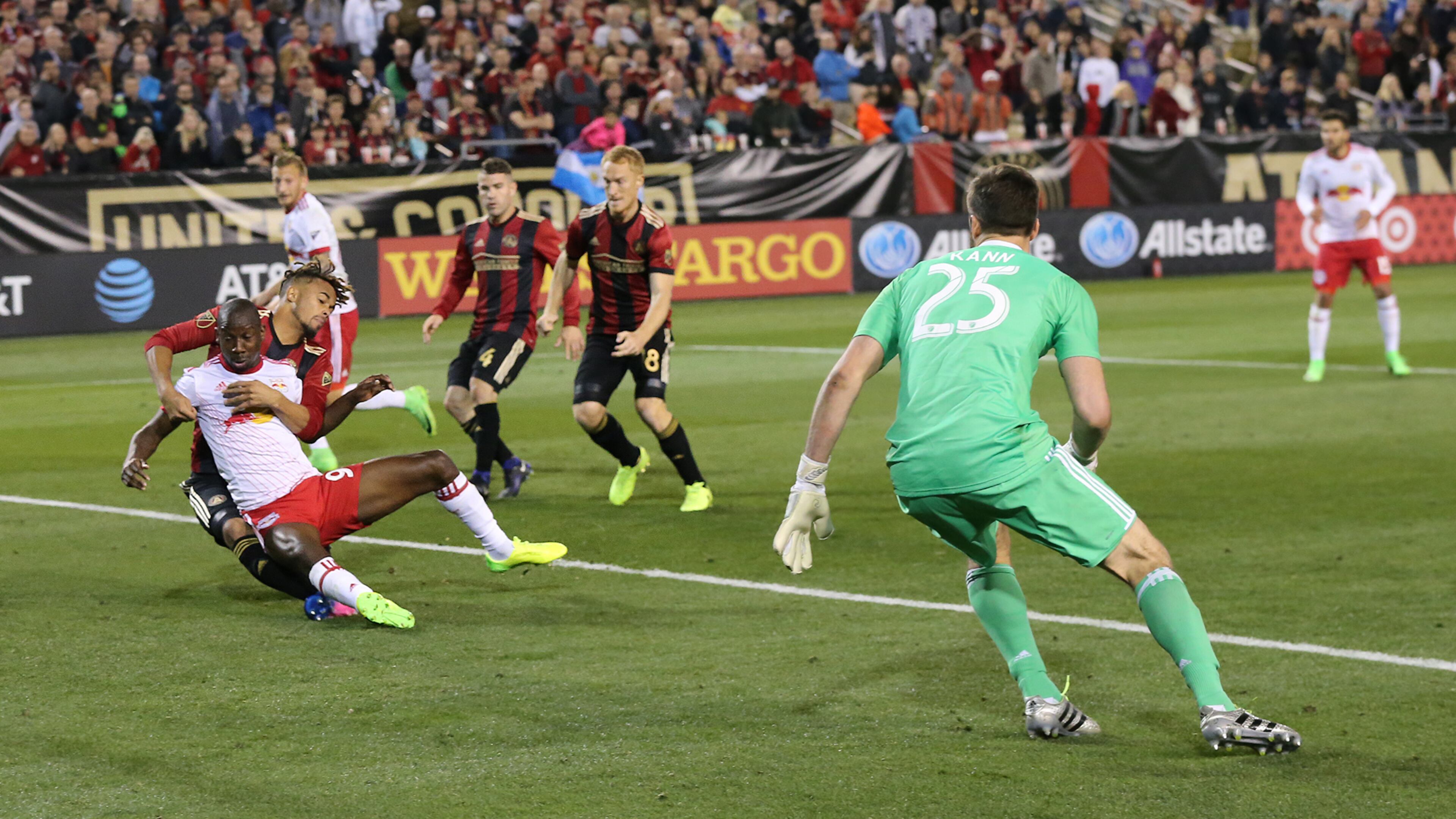Atlanta United goalkeeper Alec Kann looks on as New York Red Bulls Bradley Wright-Phillips affects the winning goal for a 2-1 victory during the second half in their first game in franchise history on Sunday, March 5, 2017, in Atlanta. Curtis Compton/ccompton@ajc.com
