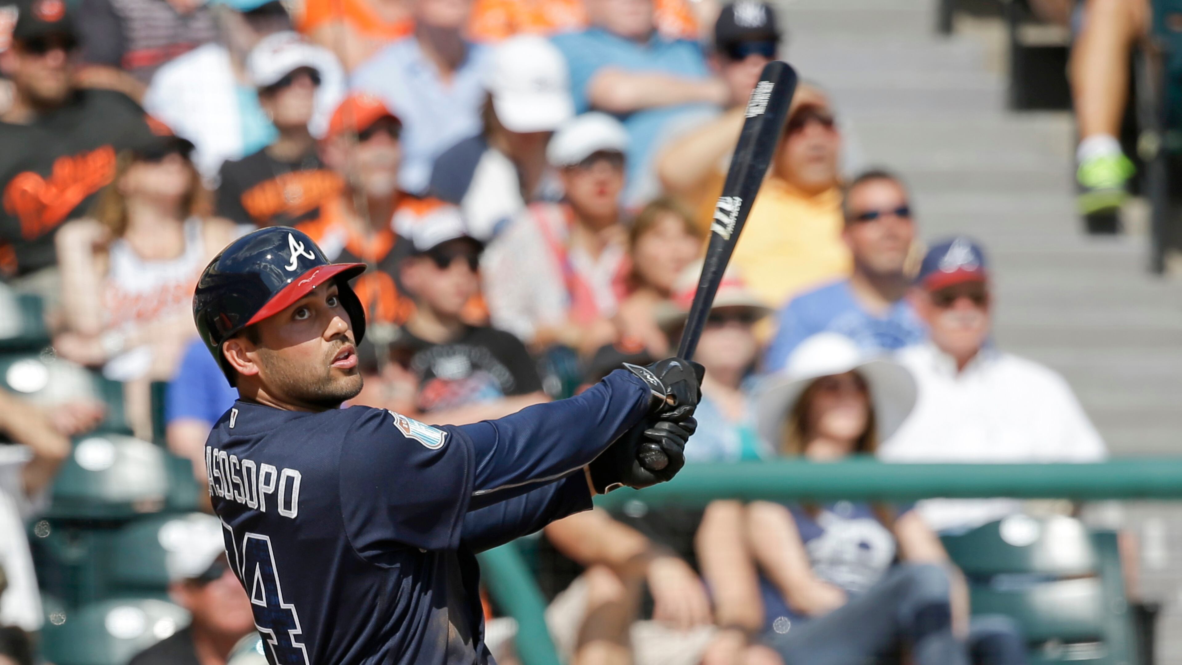 Matt Tuiasosopo bats in a Braves spring game in 2016. File photo