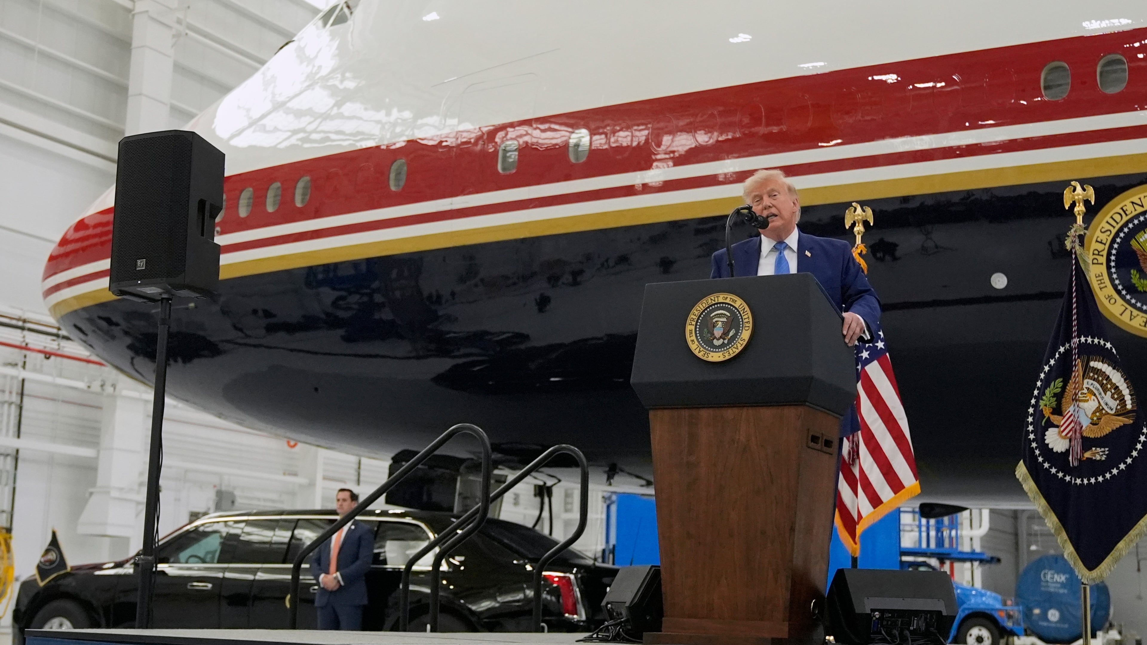 President Donald Trump speaks after touring the newly designated Air Force One presidential aircraft at Joint Base Andrews, Md., Friday, June 19, 2026. (AP Photo/Manuel Balce Ceneta)