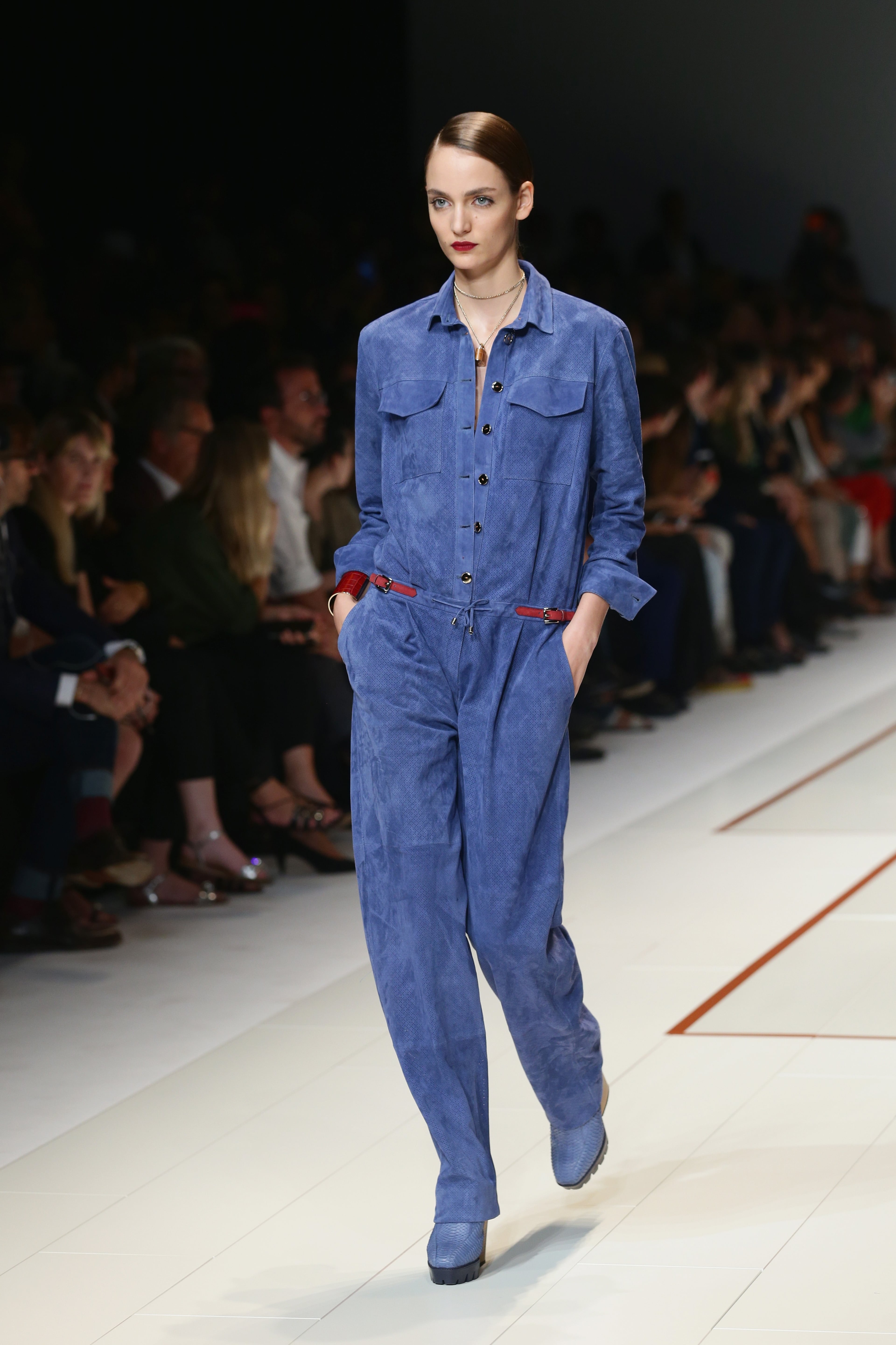 LUXURIOUS SUEDE: A model walks the runway during the Trussardi show as a part of Milan Fashion Week Womenswear Spring/Summer 2015 on September 21, 2014 in Milan, Italy. (Photo by Vittorio Zunino Celotto/Getty Images)
