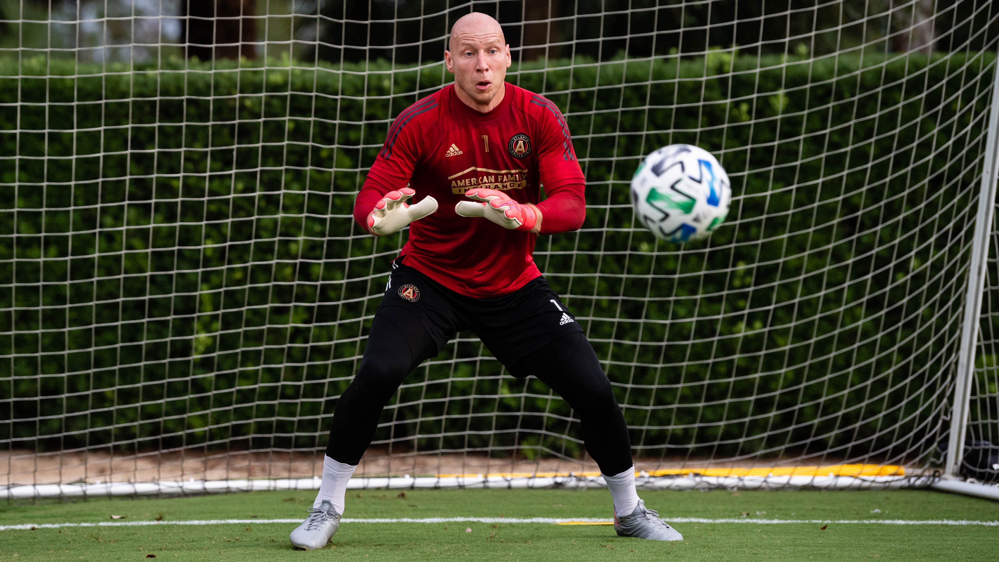 Atlanta United goalkeeper Brad Guzan spends time at goal as the team began training for the MLS is Back Tournament Sunday, July 5, 2020, at ESPN Wide World of Sports Complex in Lake Buena Vista, Fla. Atlanta United's season restarts July 11.