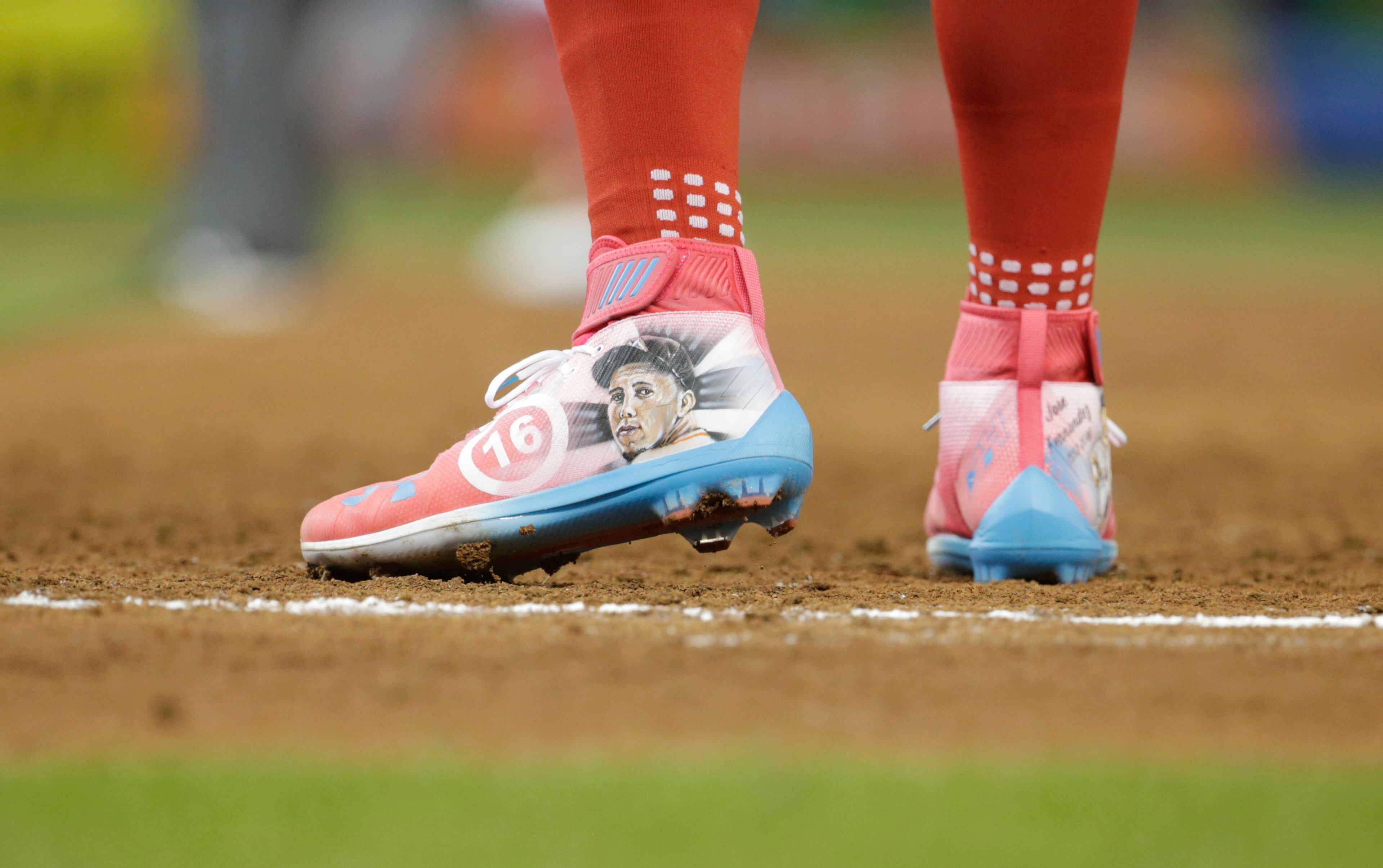 National League's Washington Nationals outfielder Bryce Harper (34), wears a pair of shoes honoring Miami Marlins pitcher Jose Fernandez, during the third inning at the MLB baseball All-Star Game, Tuesday, July 11, 2017, in Miami. (AP Photo/Lynne Sladky)