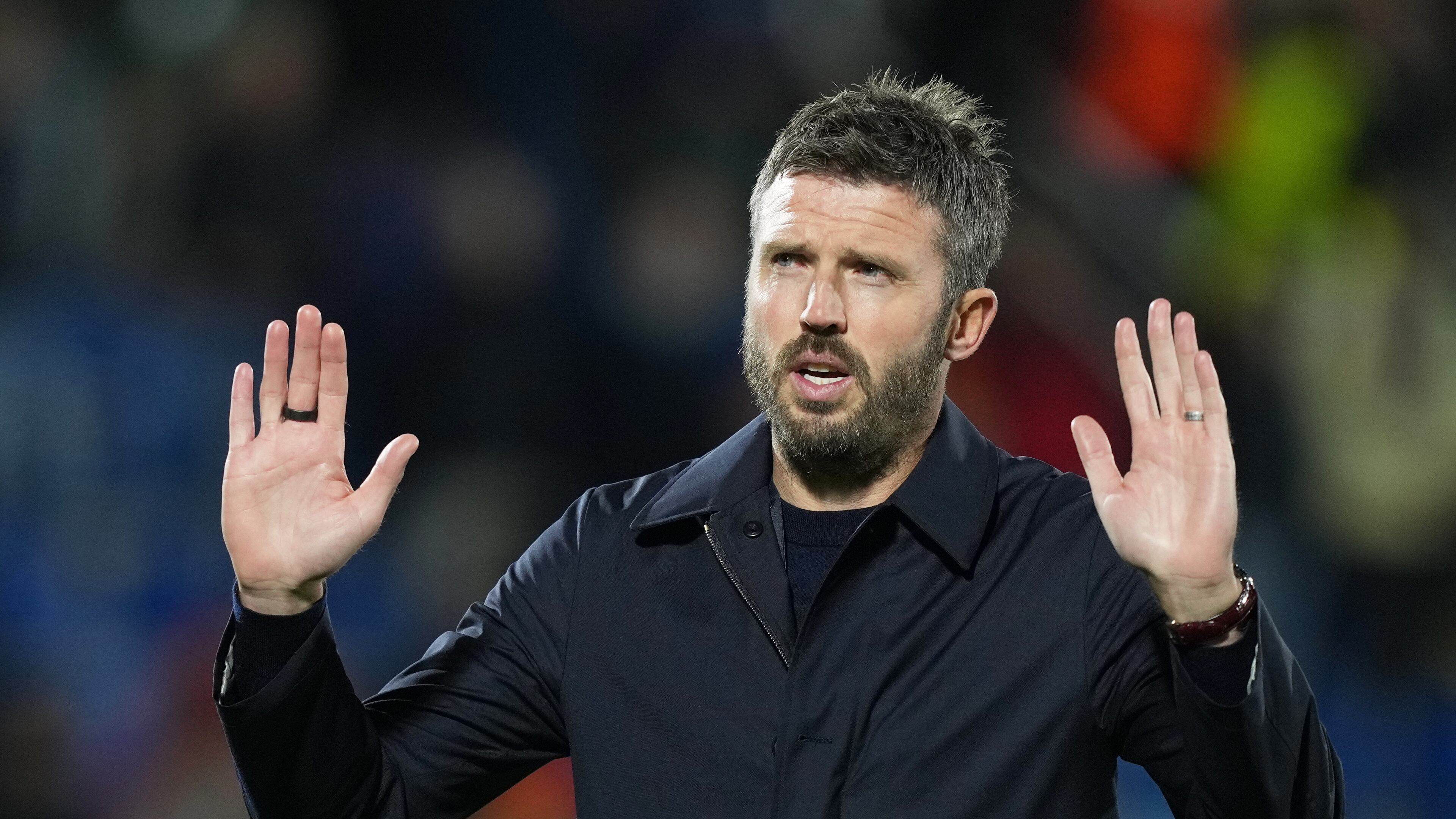 Manchester United's head coach Michael Carrick gestures as he leaves the pitch after the Champions League opening phase soccer match between Como and Manchester United in Como, Italy, Wednesday, Oct. 21, 2026. (AP Photo/Antonio Calanni)