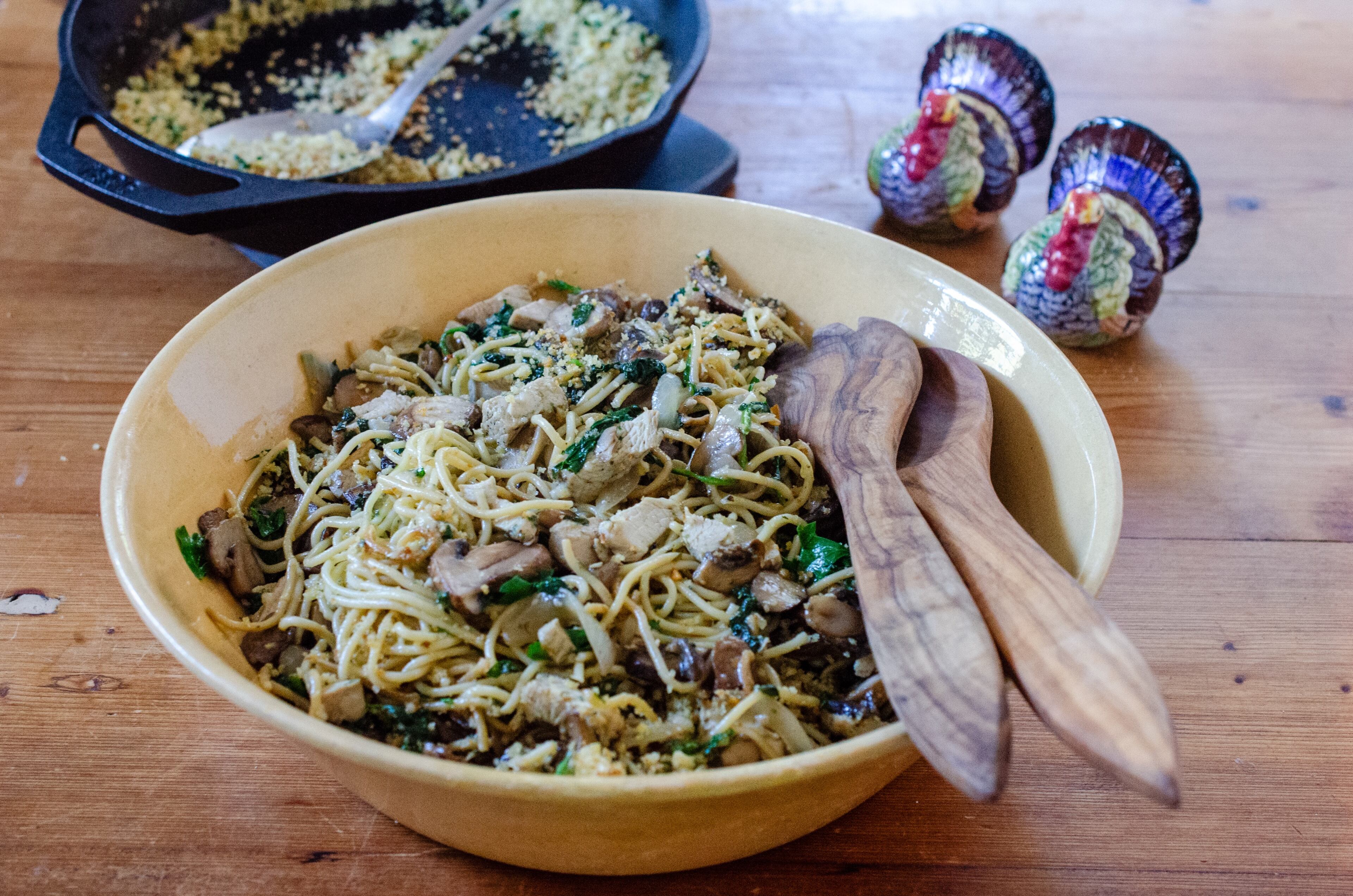 Updated Turkey Tetrazzini shakes up Thanksgiving leftovers with zesty garlic and spicy red pepper flakes. (Virginia Willis for the AJC)