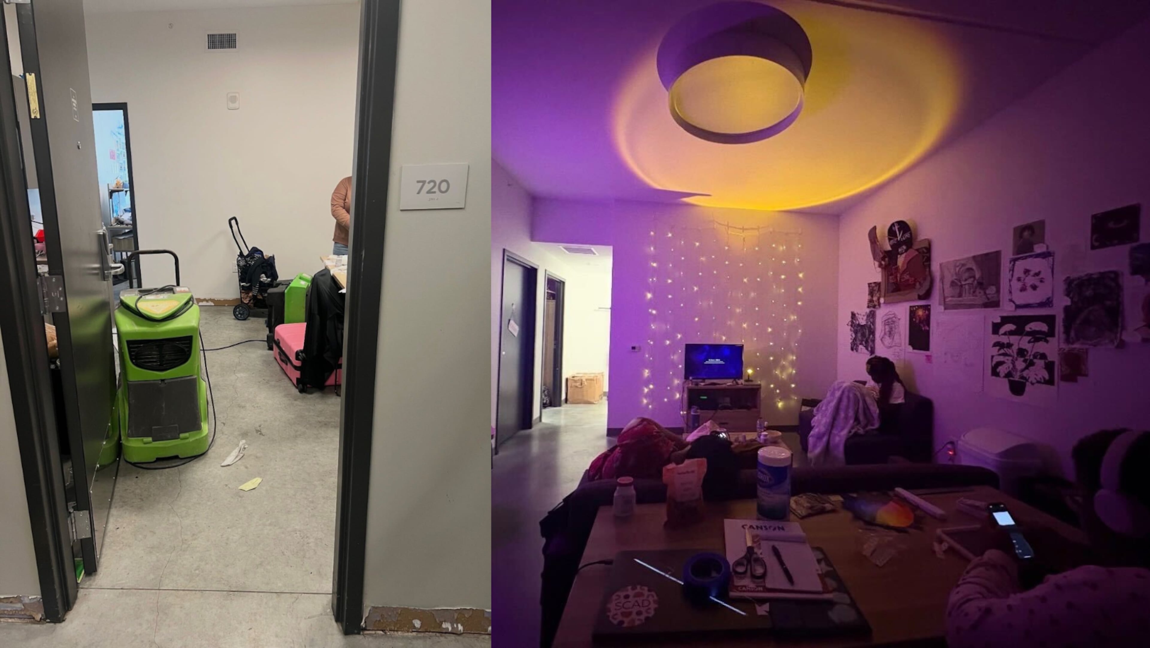 After Janya Reeves and Seidah Muhammad’s pod was damaged by smoke and water, dehumidifiers were put into their space (left). Before the blaze, their shared space was cozy with mood lighting and artwork. (Courtesy of Janya Reeves and Seidah Muhammad)