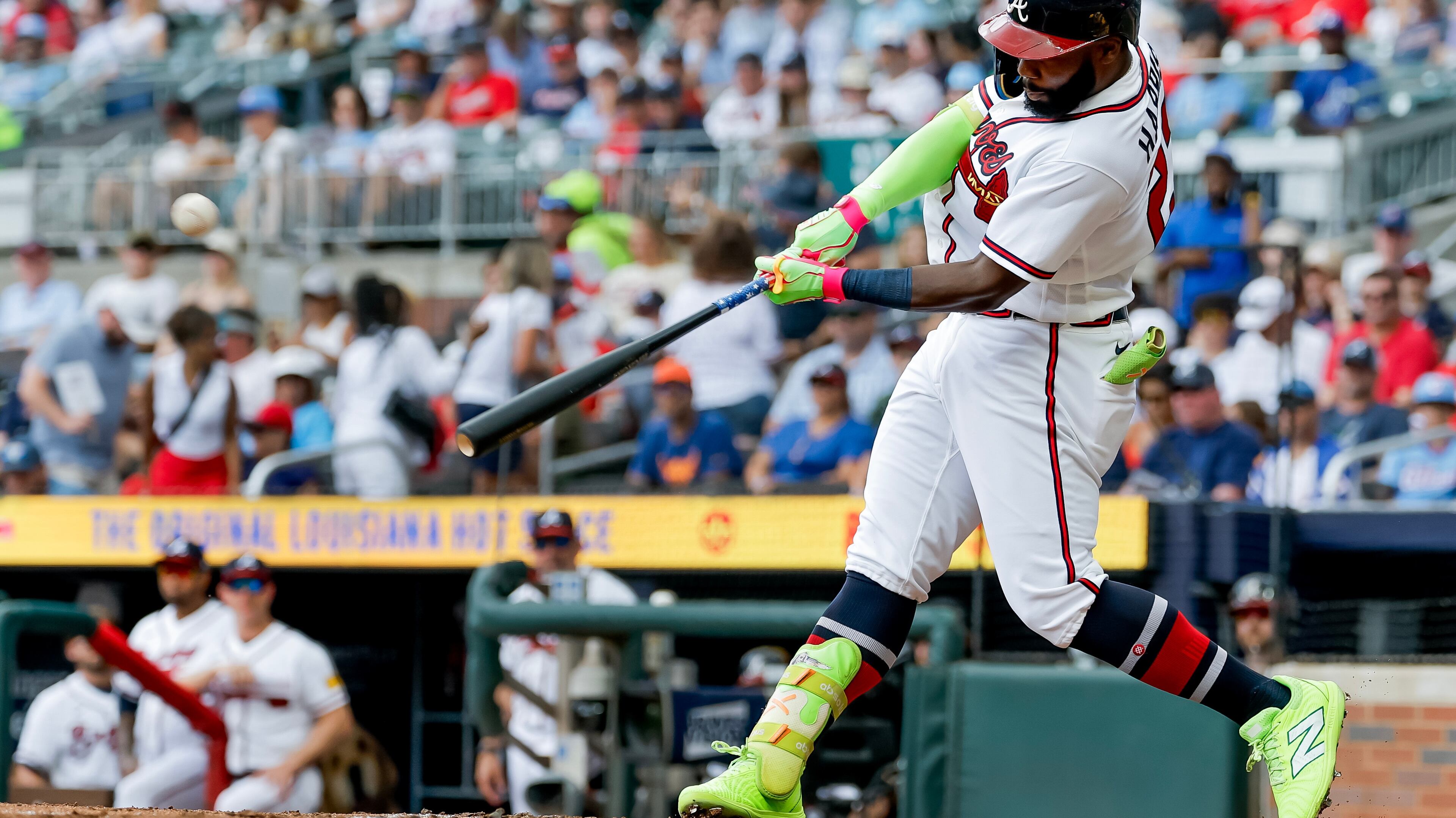 Atlanta Braves' Michael Harris II hits a solo home run against the San Diego Padres during the second inning of a baseball game, Thursday, July 23, 2026, in Atlanta. (AP Photo/Erik S. Lesser)