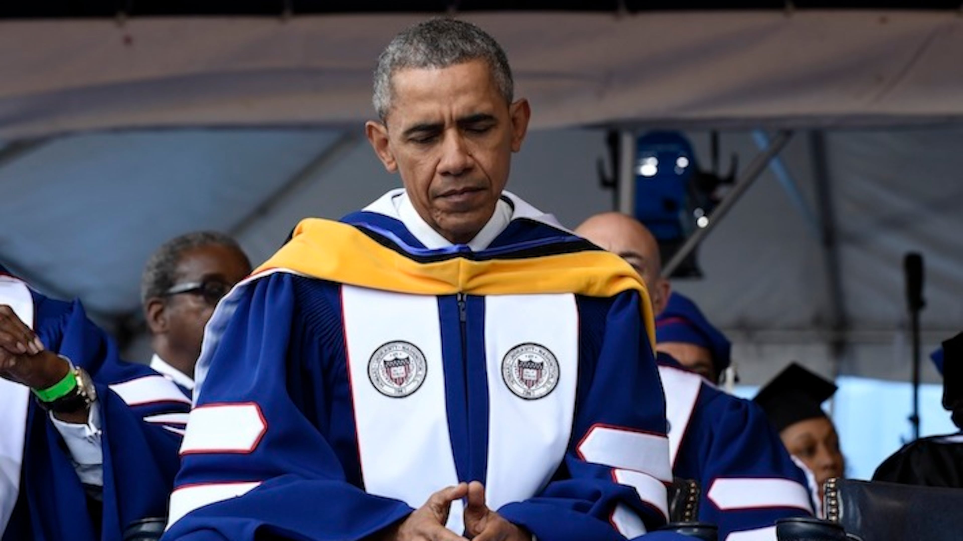 President Barack Obama attends the commencement ceremony for the 2016 graduating class of Howard University in Washington, Saturday, May 7, 2016. (AP Photo/Susan Walsh)