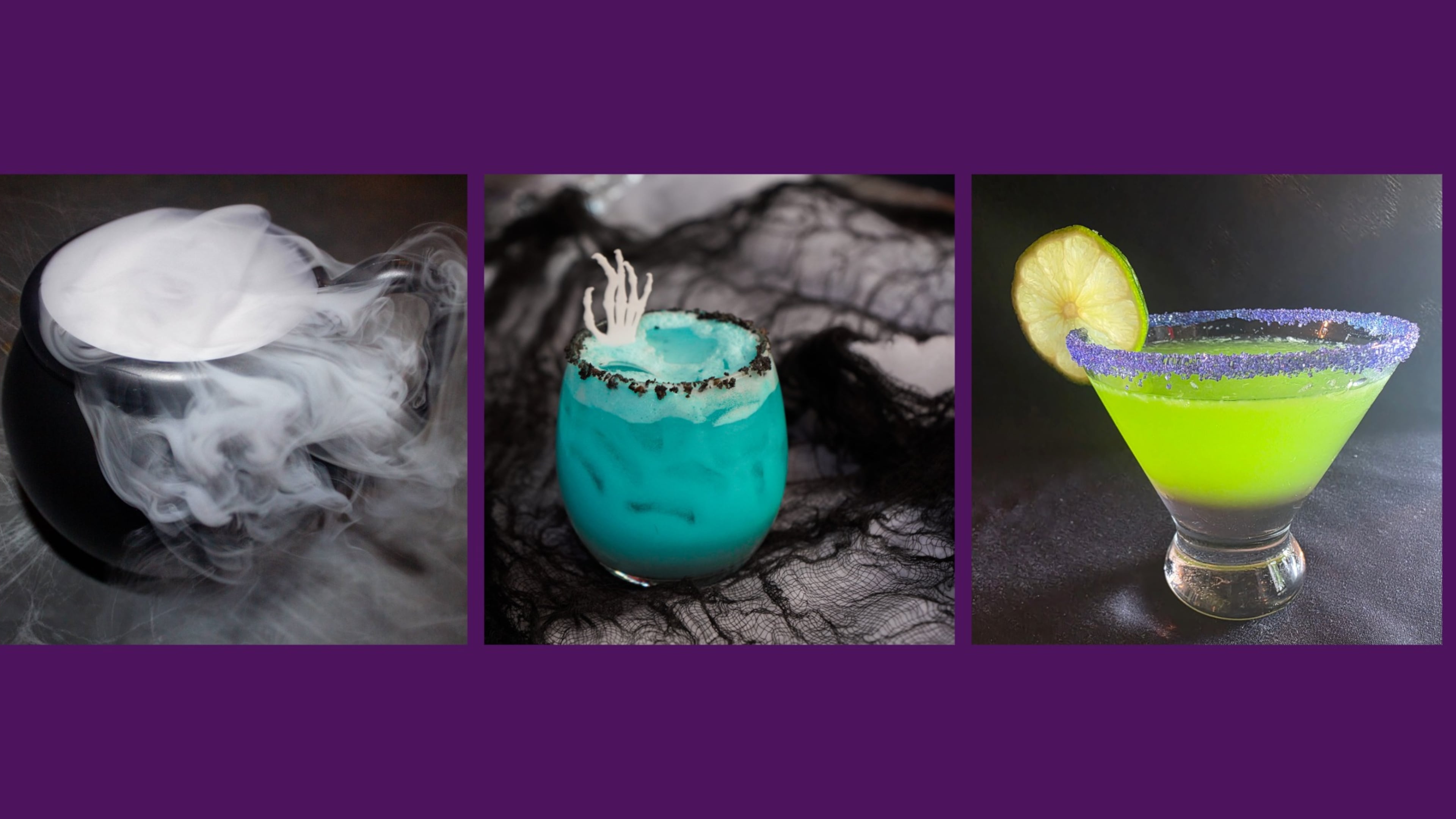 Spooky sips from around Atlanta, left to right: The Select's Hex on the Beach cocktail with fog from dry ice (Courtesy of the Select); Haunted Waters at Alta Toro joins a lineup of spooky themed cocktails (Courtesy of Alta Toro); Beetlejuice Martini from Piastra (Courtesy of Piastra).