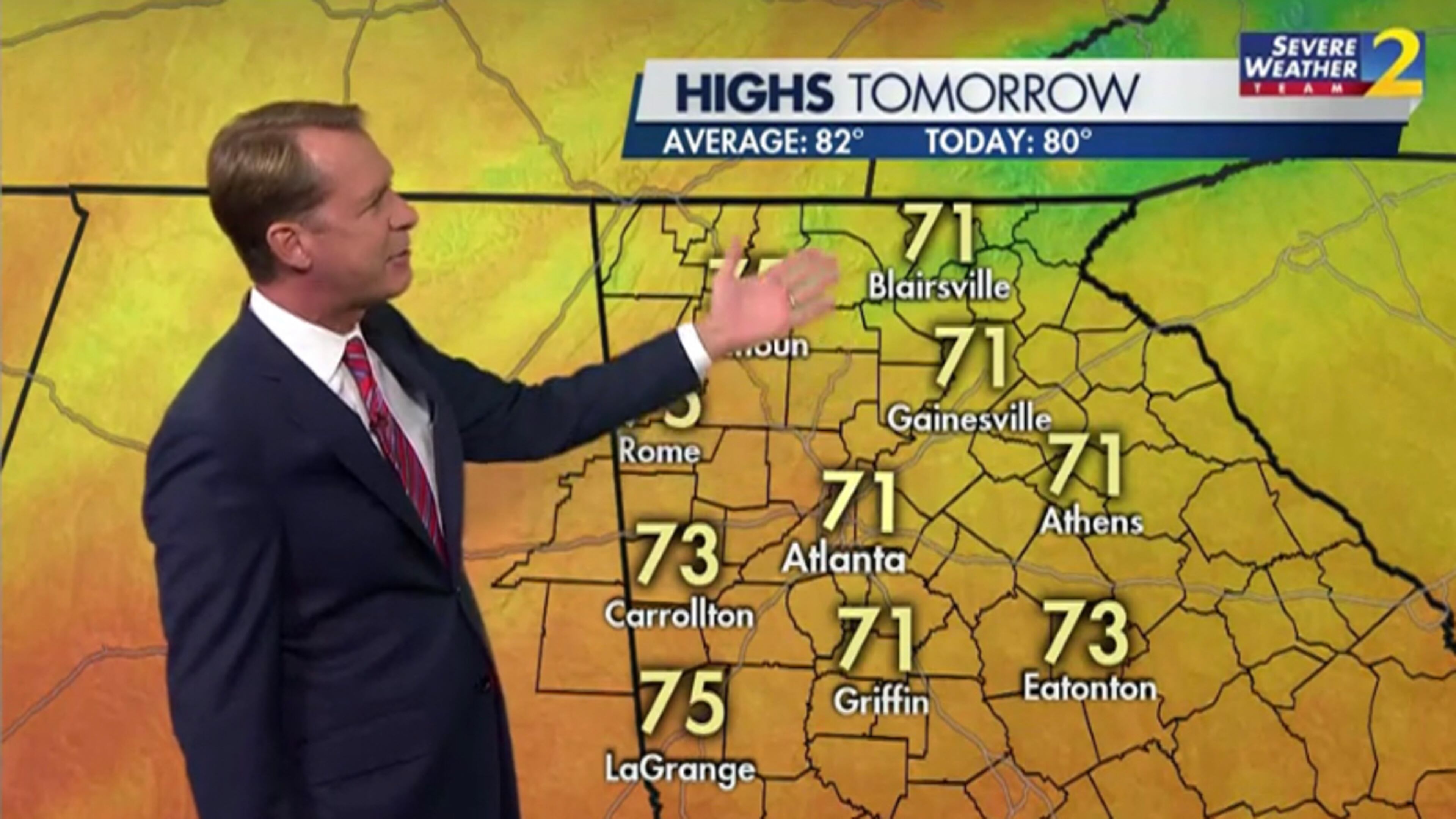 Saturday will see a high in the low 70s, Channel 2 Action News chief meteorologist Brad Nitz said.