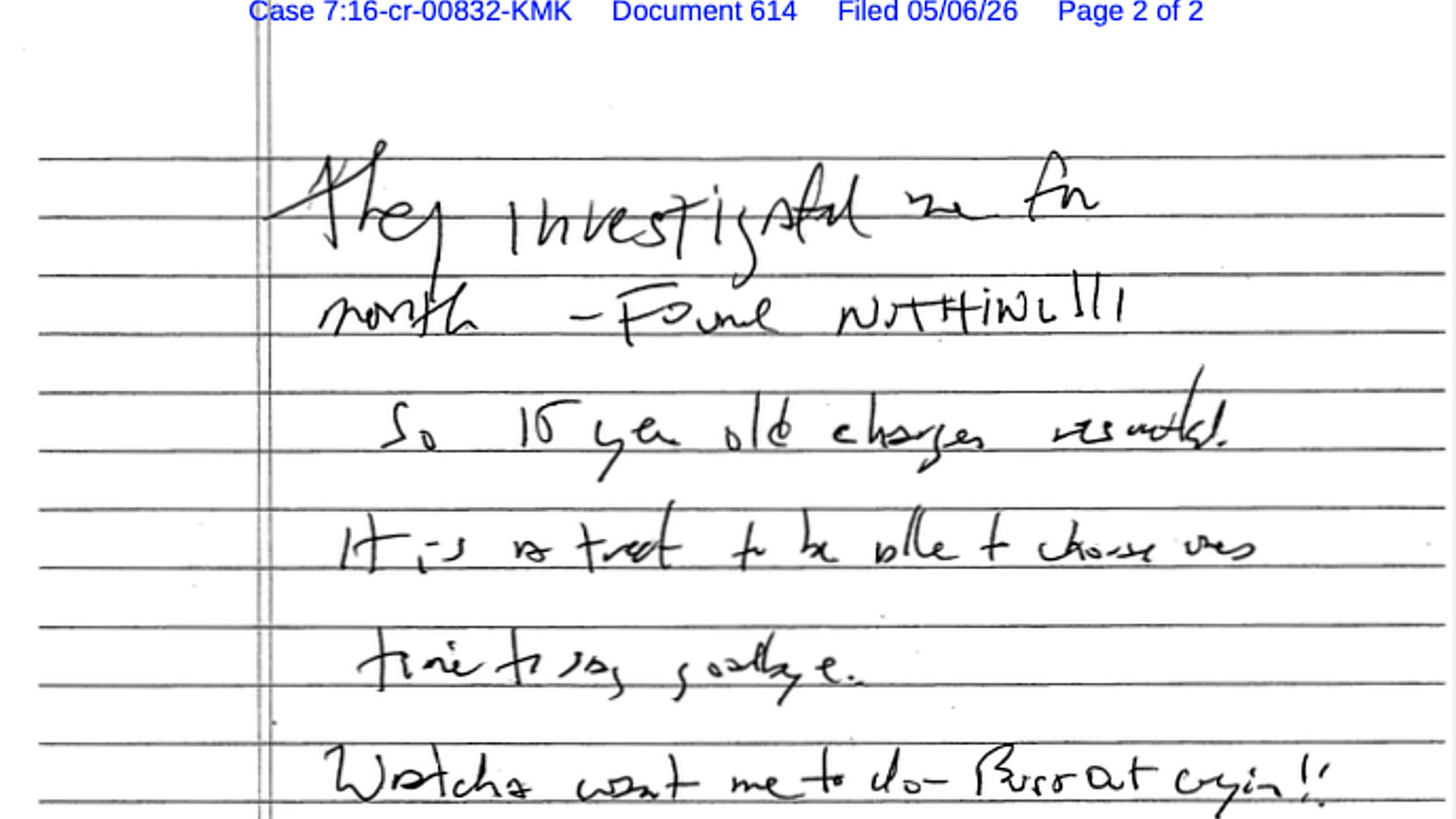 This document, released Wednesday, May 6, 2026, by the U.S. District Court for the Southern District of New York, shows a note that Jeffrey Epstein’s former cellmate said he found after Epstein’s reported suicide attempt in July 2019. (U.S. District Court for the Southern District of New York via AP)