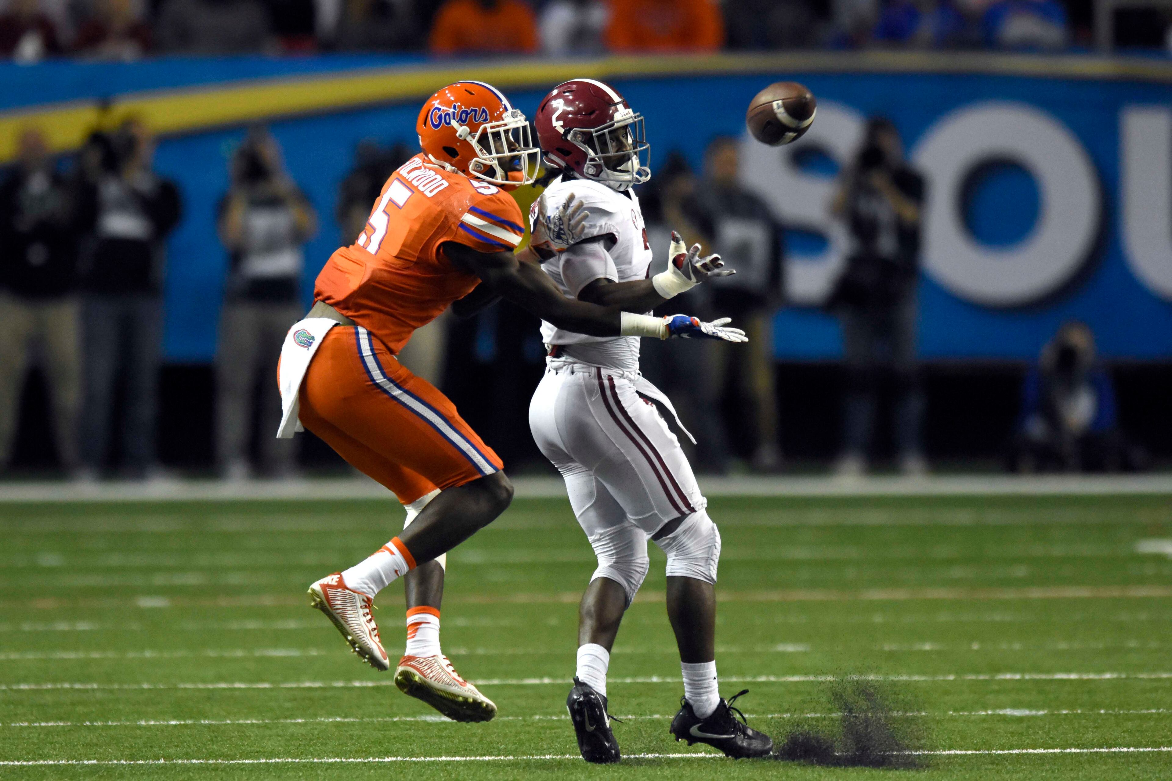 December 3, 2016, Atlanta - Alabama defensive back Tony Brown (2) catches the ball for an interception during the SEC Championship Game between the Alabama Crimson Tide and the Florida Gators in Atlanta, Georgia, on Saturday, December 3, 2016. (DAVID BARNES / DAVID.BARNES@AJC.COM)