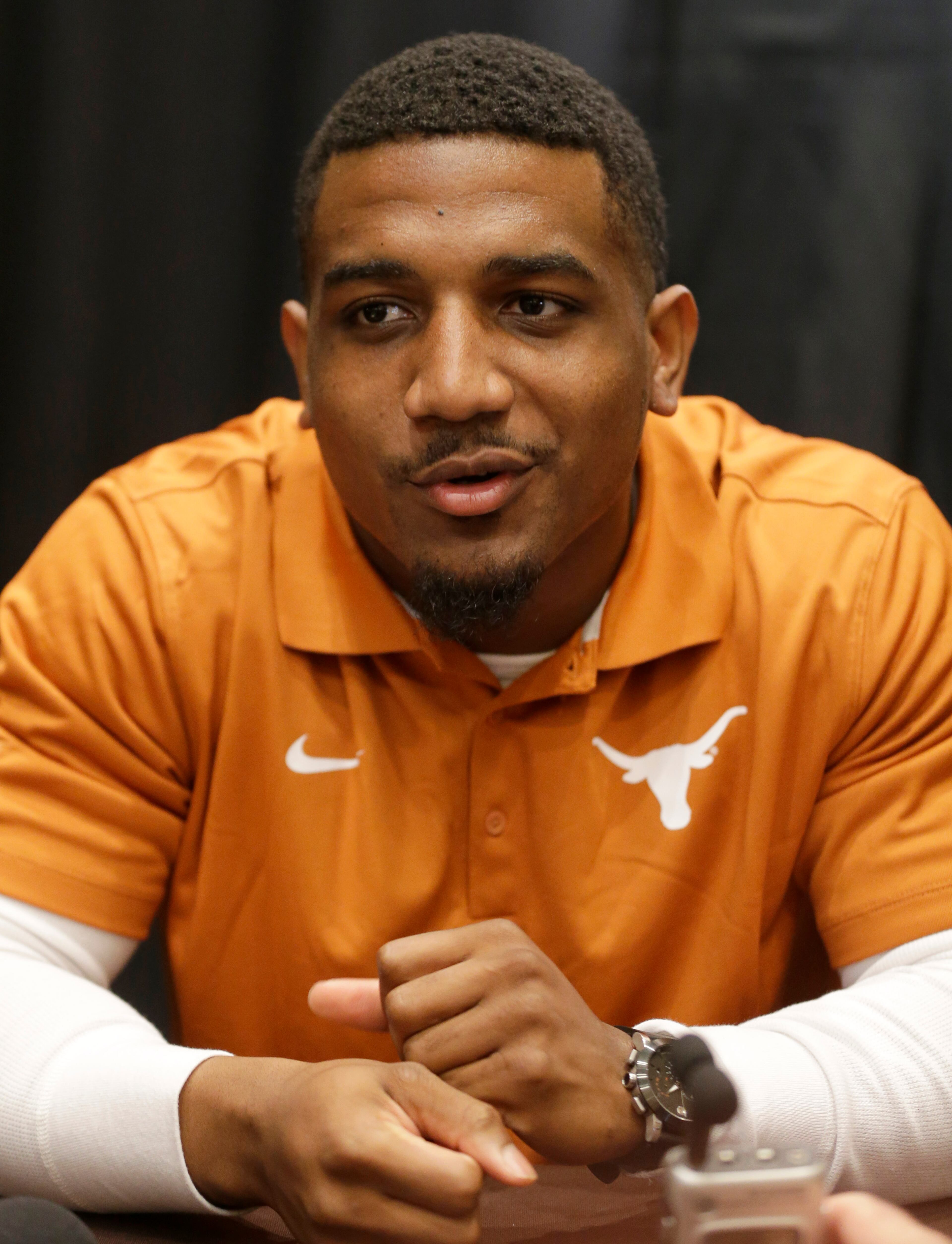 Texas cornerback Quandre Diggs answers a reporters' questions during the NCAA college Big 12 Conference football media days in Dallas, Tuesday, July 22, 2014. (AP Photo)