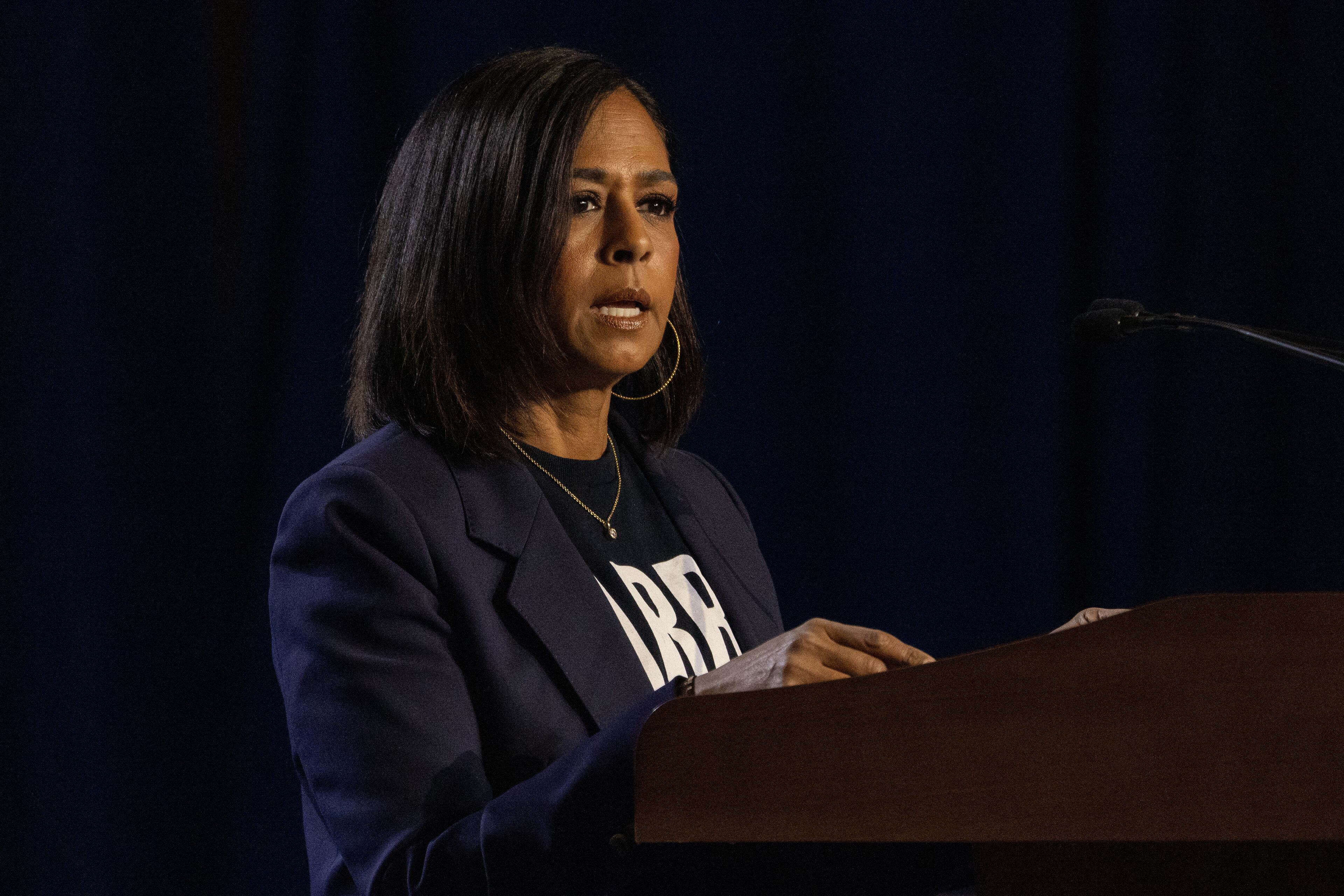 Maya Harris, sister of Vice President Kamala Harris, speaks at a campaign rally in Cobb County, Georgia on November 3, 2024. (Nathan Posner for the Atlanta Journal-Constitution)