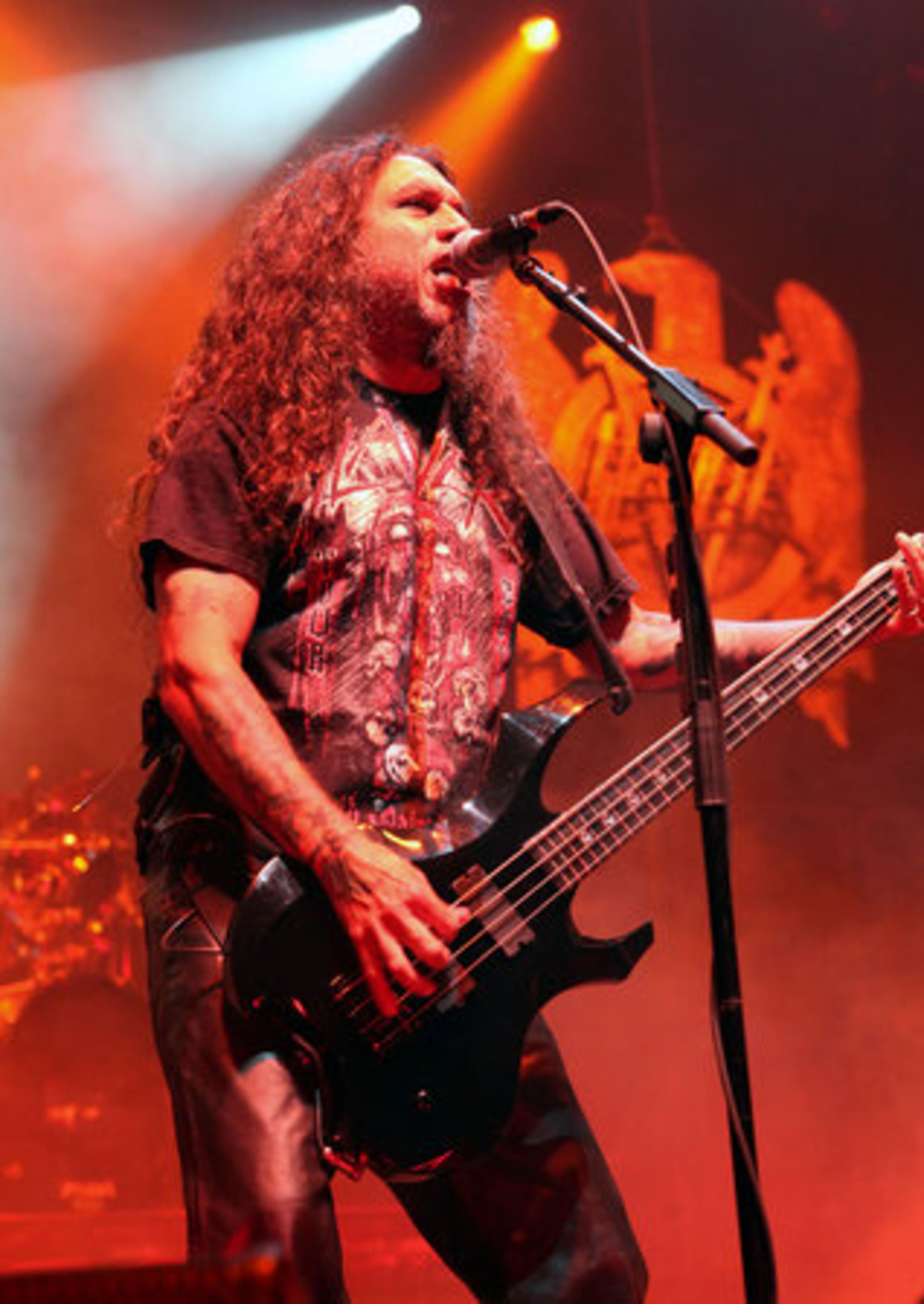 Slayer vocalist-bassist Tom Araya sings on "War Ensemble."