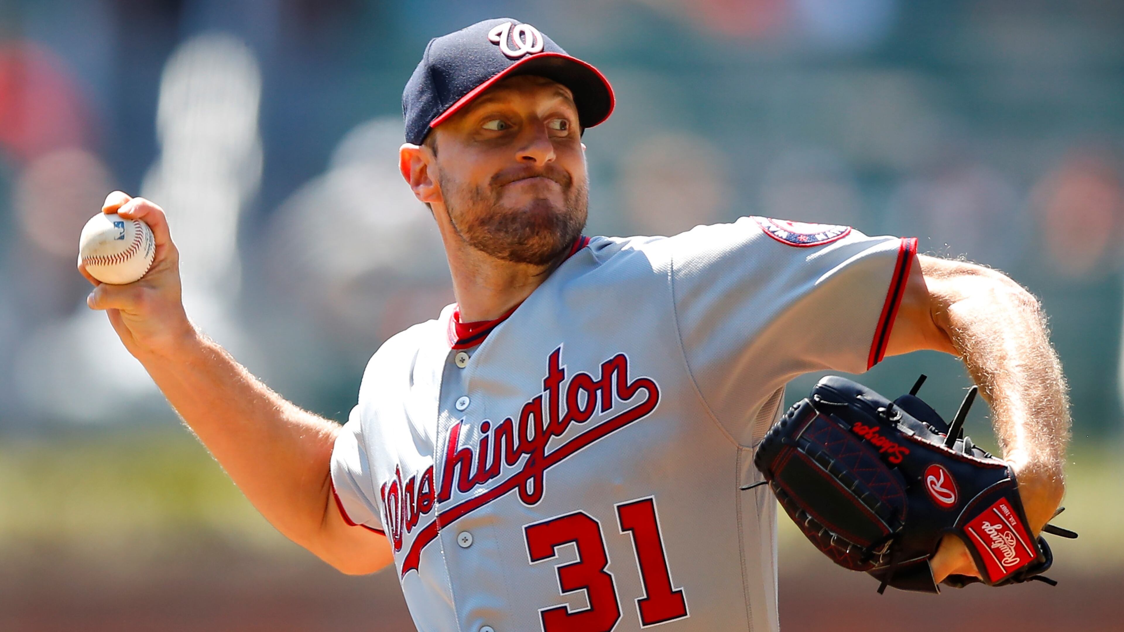 Max Scherzer #31 of the Washington Nationals pitches in the first inning of an MLB game against the Atlanta Braves at SunTrust Park on September 8, 2019 in Atlanta, Georgia. (Photo by Todd Kirkland/Getty Images)