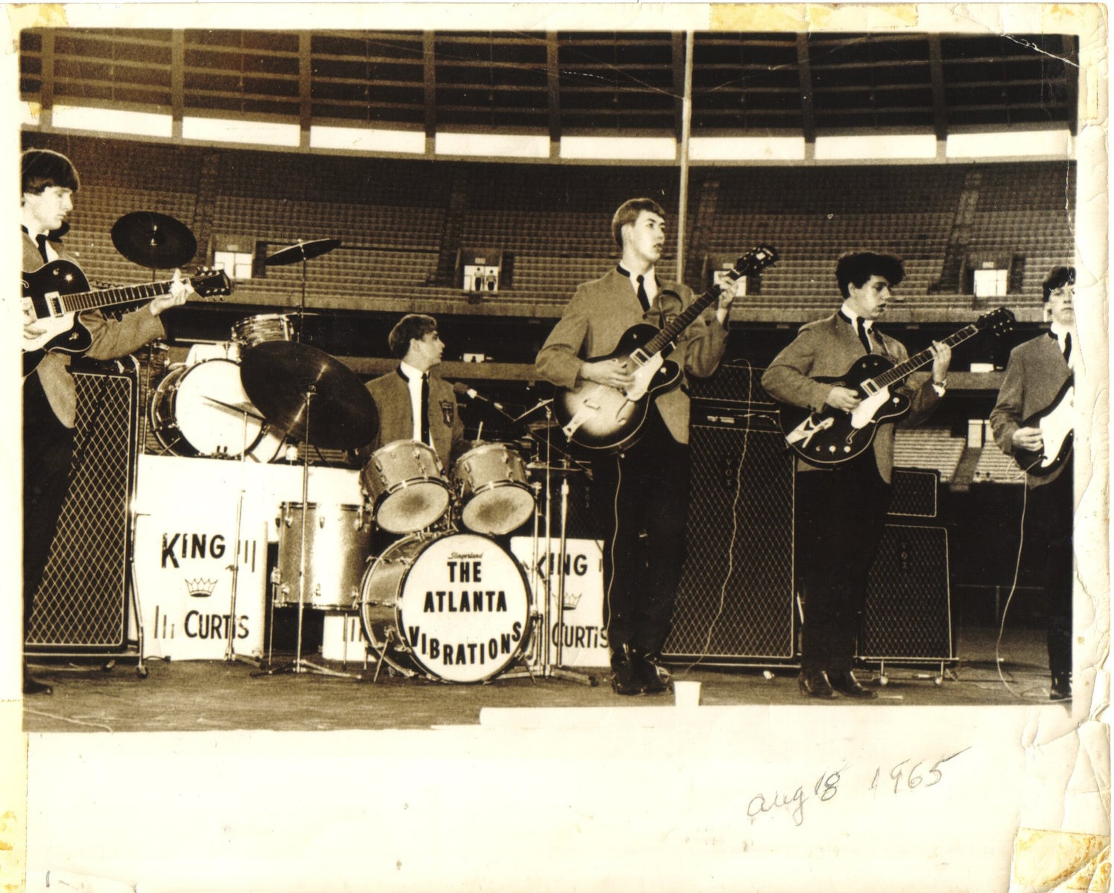 When the Beatles played Atlanta Stadium, warm-up act the Atlanta Vibrations were almost kicked off the bill until fate intervened. The Vibrations were (from left) Woody Turner, Ricky Wofford on drums, Terry Bray, Spencer Kirkpatrick and Bob Gianonni.