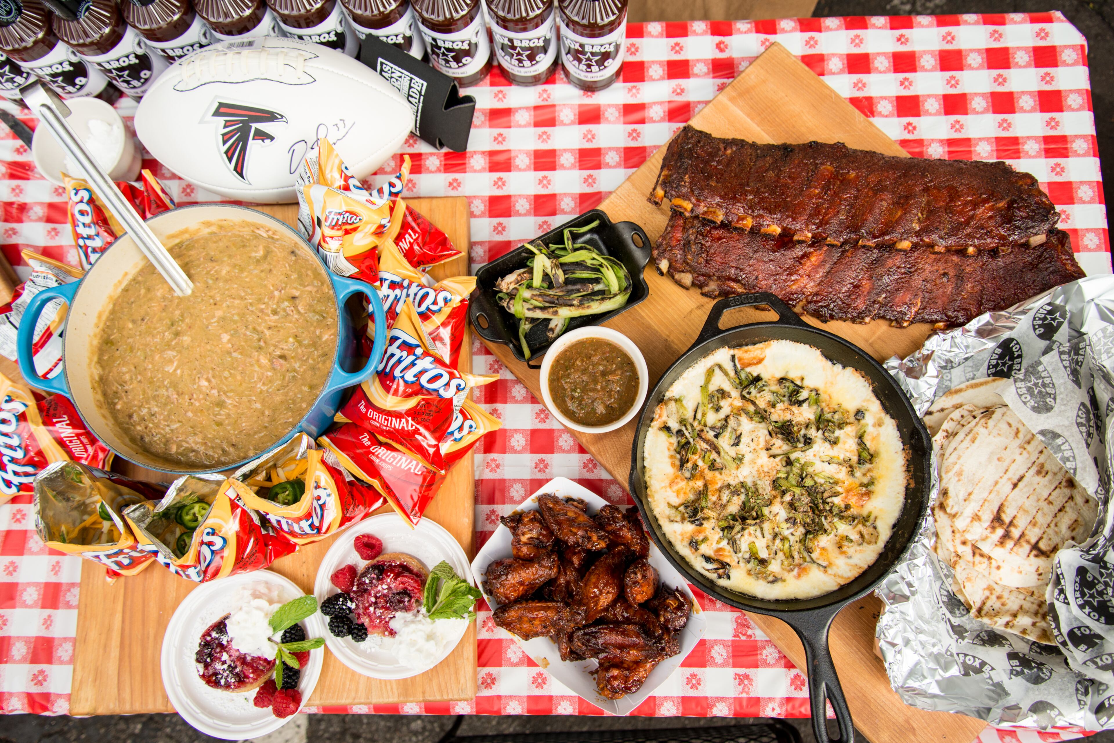 Pork green chile Frito pie, dirty bird upside down cake, grilled fundido and Fox Bros. barbecue ribs and wings. / Photo Credit- Mia Yakel.