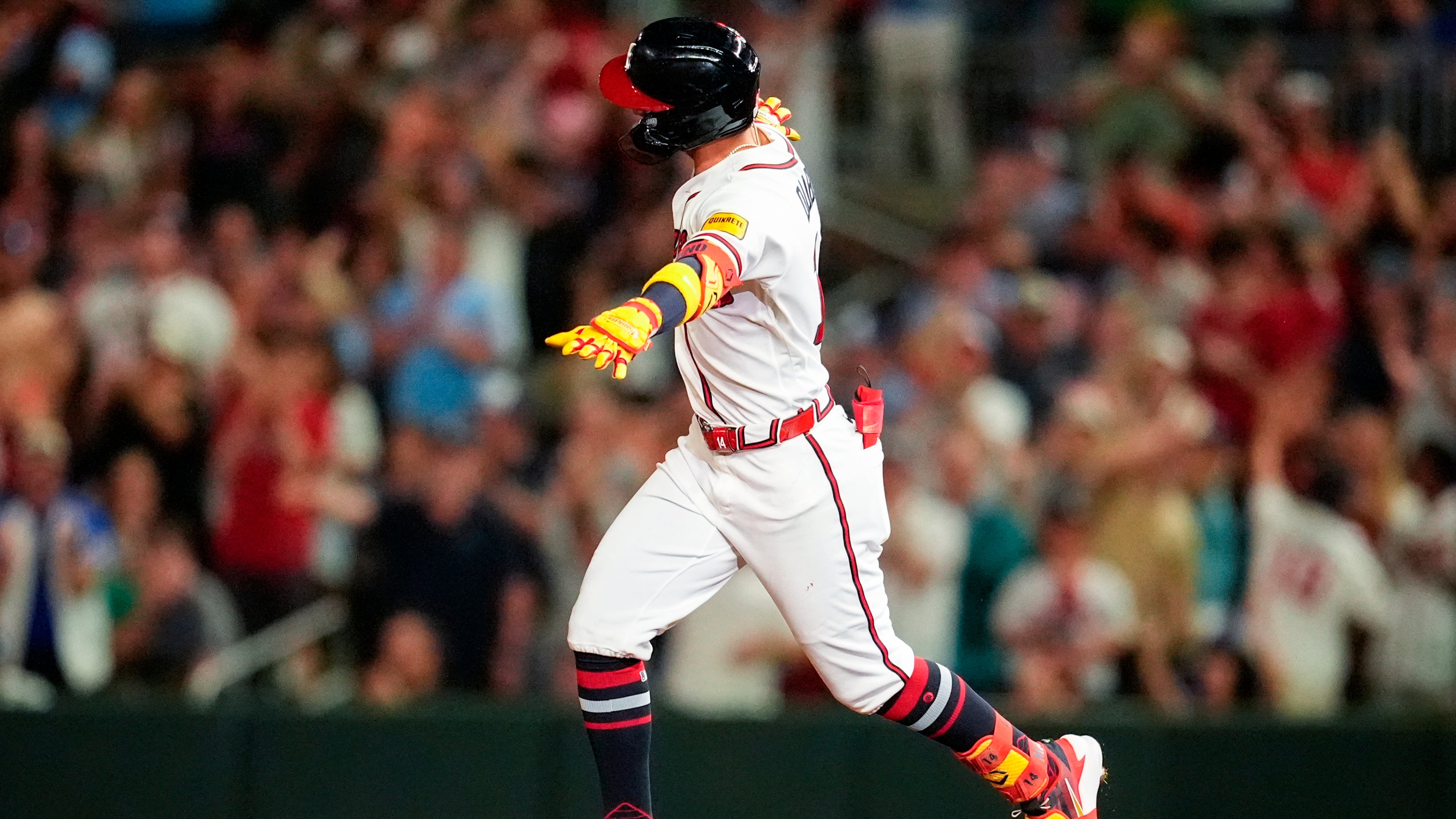 Atlanta Braves' Mauricio Dubón celebrates his two-run homer against the Chicago Cubs on May 13, 2026. (Mike Stewart/AP)