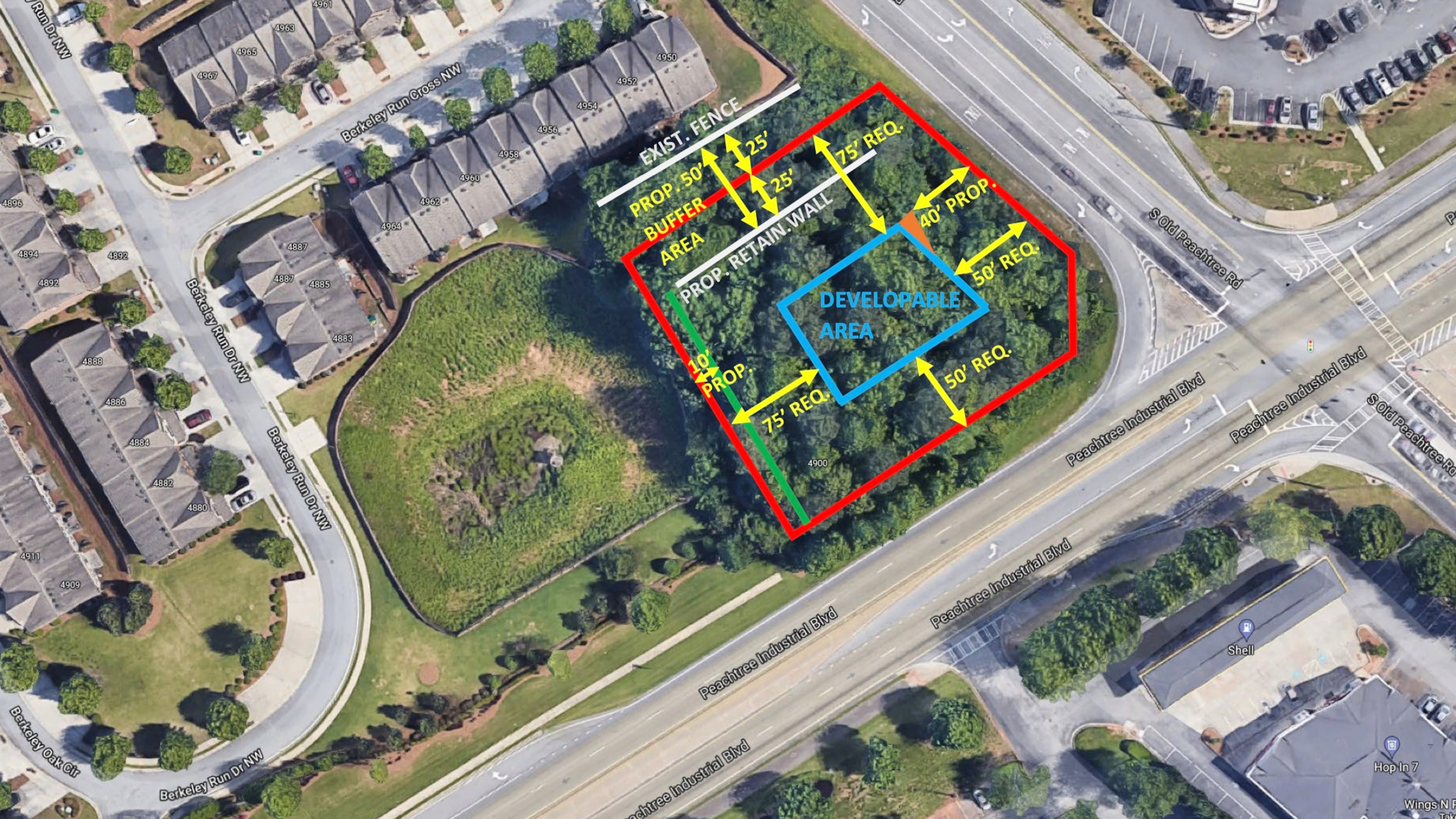 Peachtree Corners denied a request for a gas station due to the need for a 75-foot setback between construction of the building and the adjacent townhome community. (Courtesy City of Peachtree Corners)