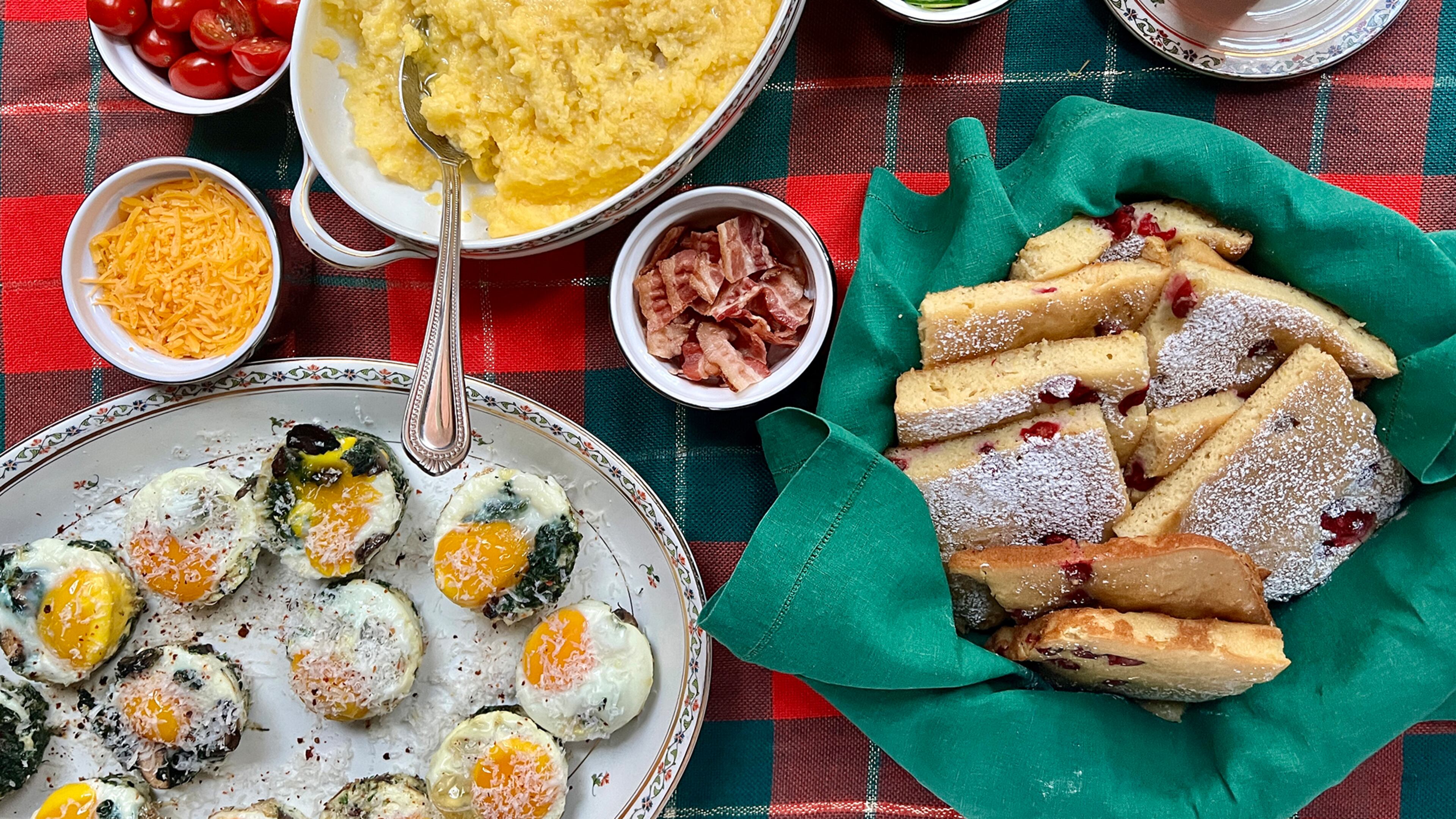 Slow Cooker Grits Bar (top), Buttermilk Cranberry Sheet Pan Pancake (right) and Shirred Eggs in Muffin Cups (bottom left) make for an easy and inexpensive holiday brunch. Virginia Willis for The Atlanta Journal-Constitution