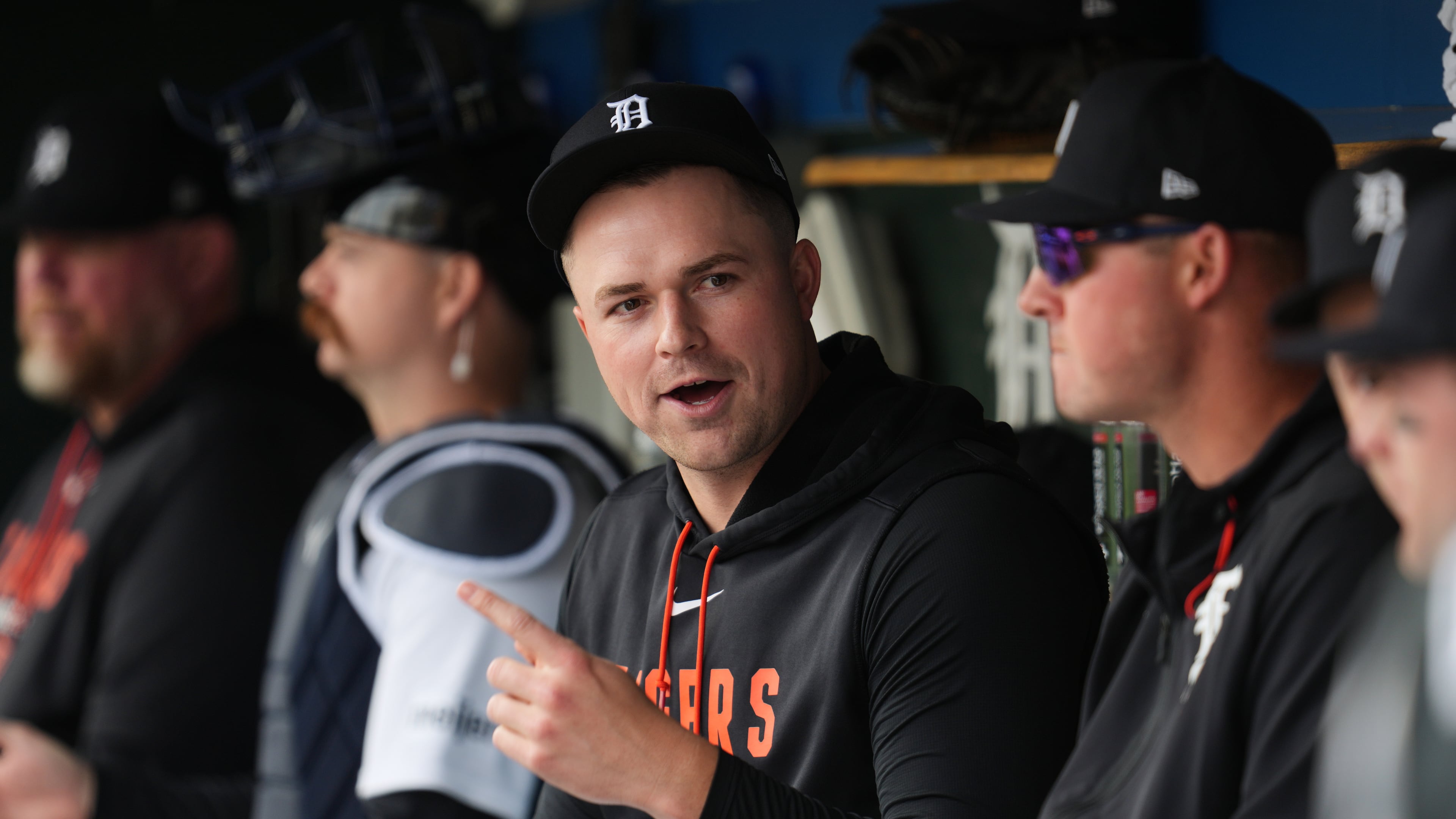 Detroit Tigers pitcher Tarik Skubal watches from the dugout against the Cleveland Guardians during the first inning of a baseball game Wednesday, May 20, 2026, in Detroit. (AP Photo/Paul Sancya)