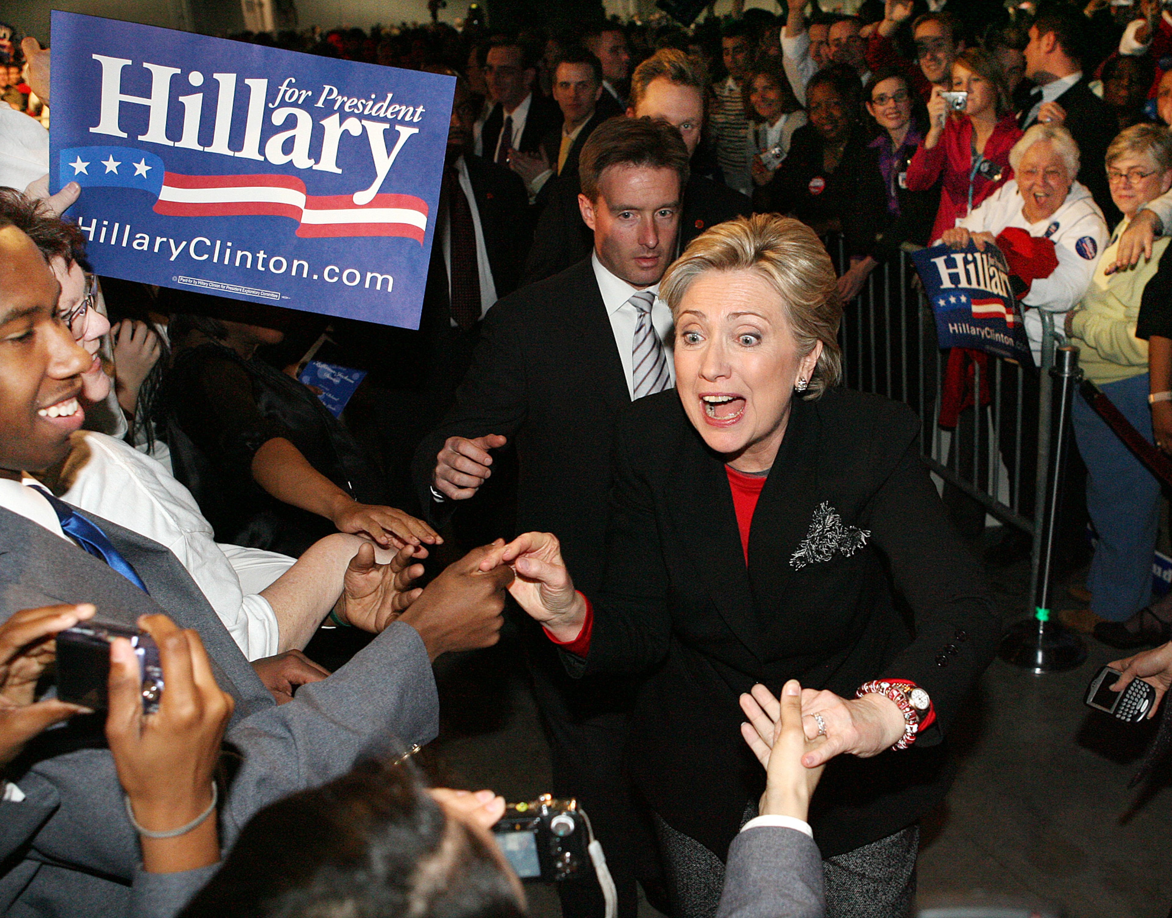 Hillary Clinton greets supporters following her speech as she leaves the Democratic Party's Jefferson-Jackson dinner at the Georgia World Congress Center in Atlanta, Wednesday, Jan. 30, 2008.