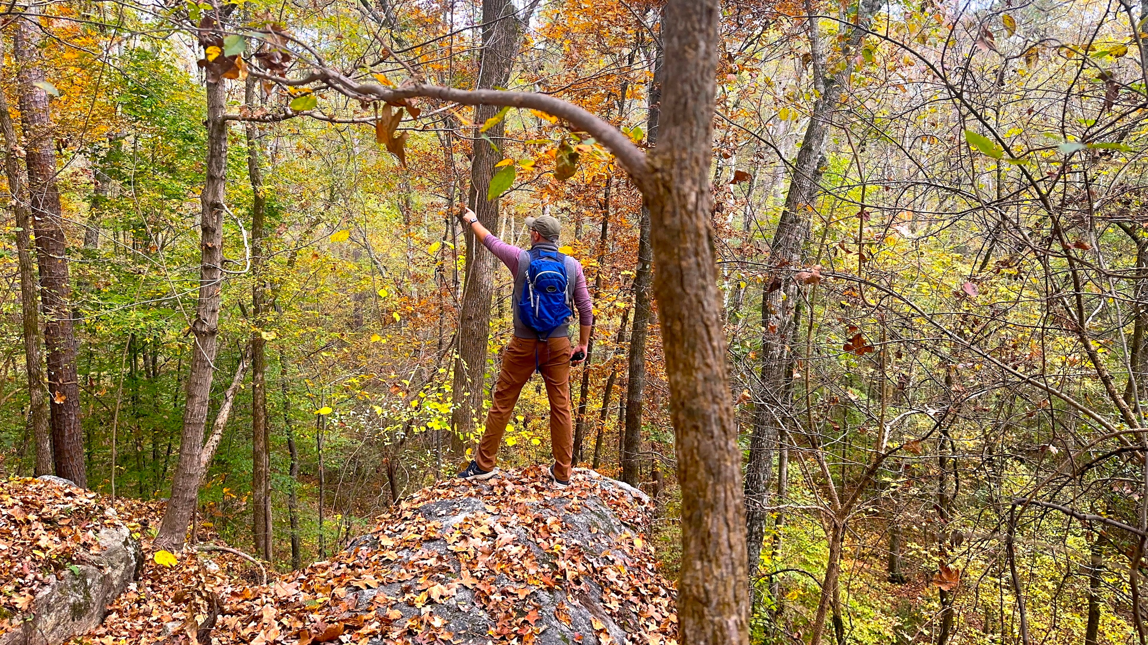 Traverse a rocky ridge near the Chattahoochee River while enjoying a fall hike at the Medlock Bridge Unit of the Chattahoochee River National Recreation Area. (Courtesy of Jonah McDonald)