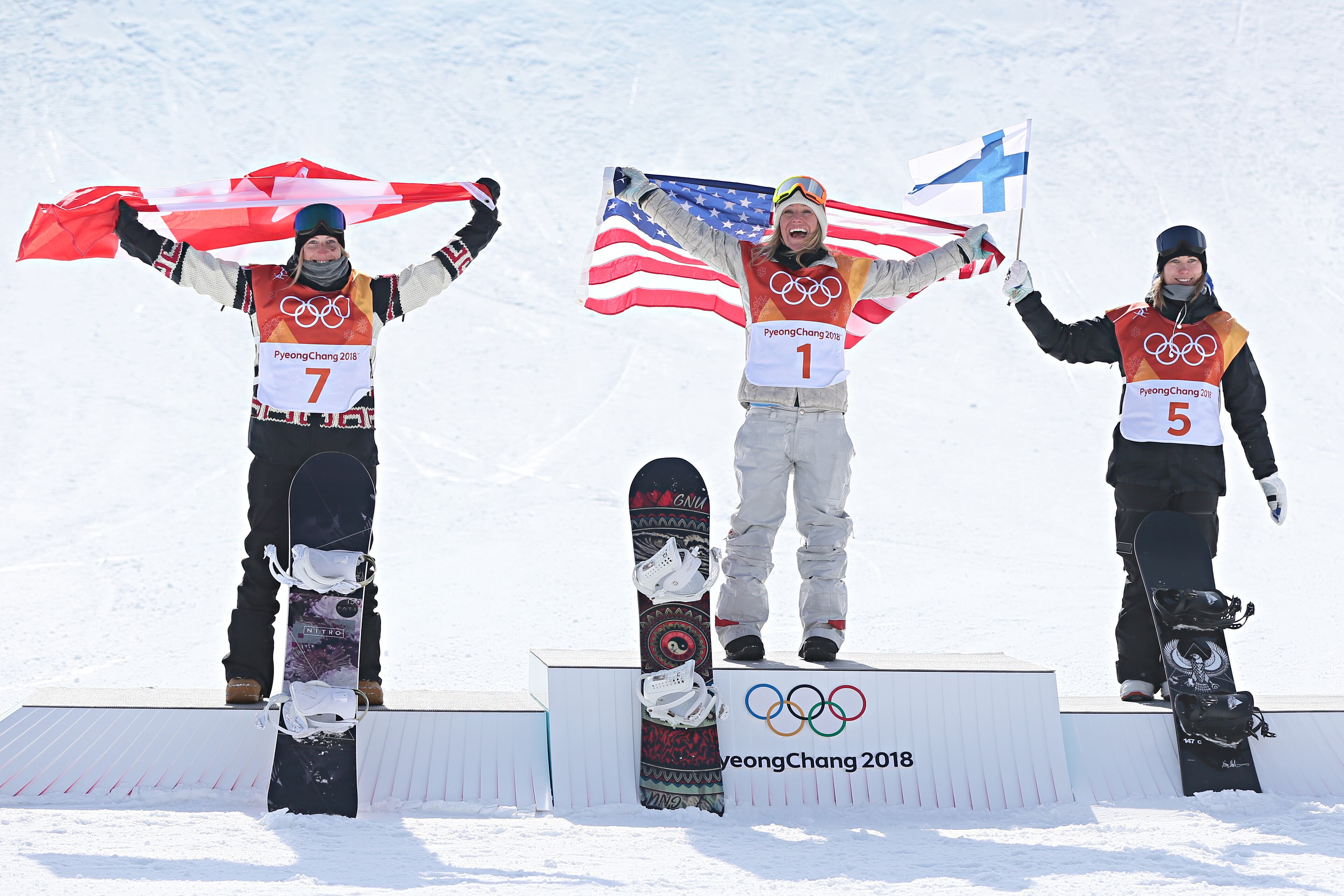 PYEONGCHANG-GUN, SOUTH KOREA - FEBRUARY 12: Laurie Blouin of Canada wins the silver medal, Jamie Anderson of USA wins the gold medal, Enni Rukajarvi of Finland wins the bronze medal during the Snowboarding Women's Slopestyle Finals at Pheonix Snow Park on February 12, 2018 in Pyeongchang-gun, South Korea. (Photo by Laurent Salino/Agence Zoom/Getty Images)