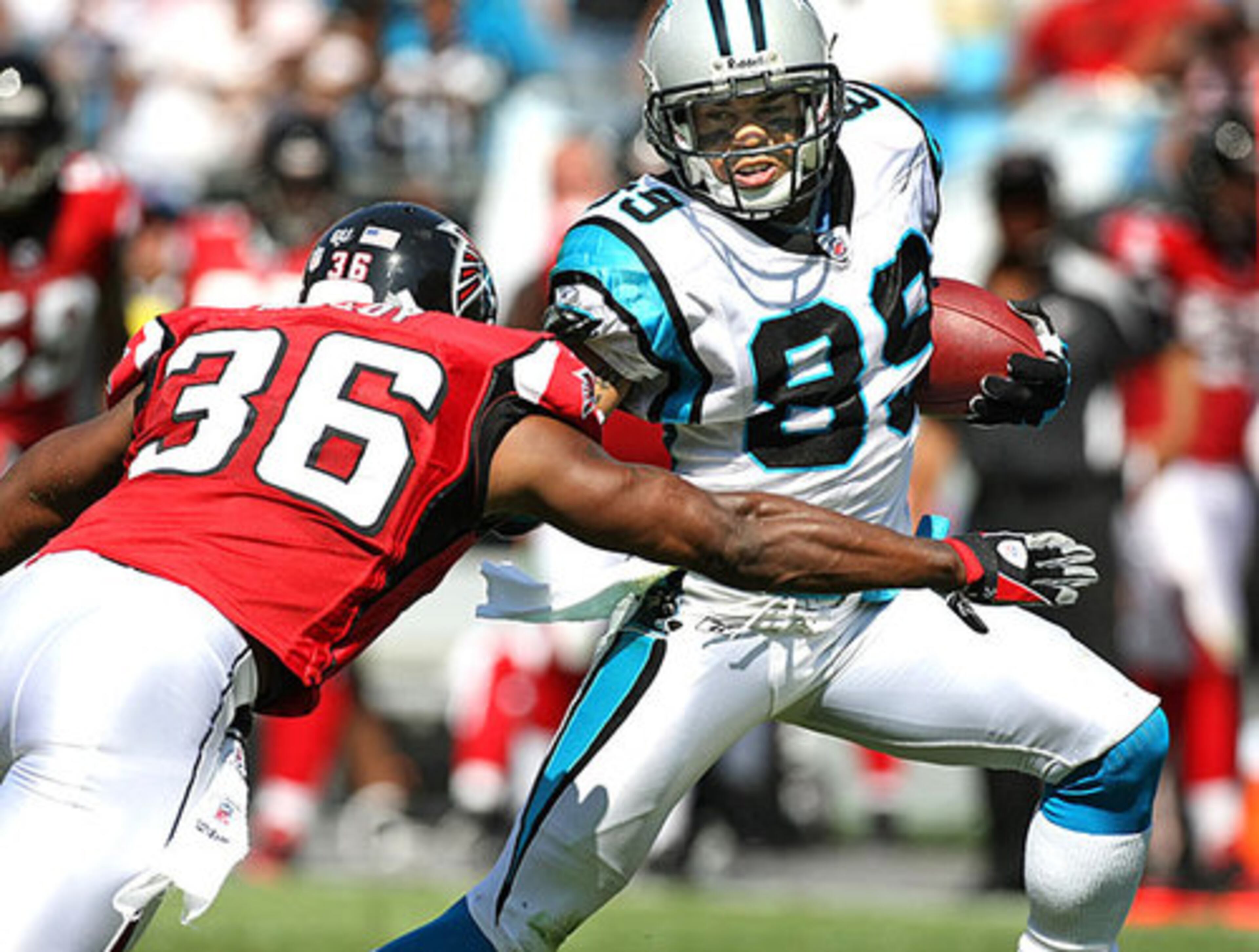 Steve Smith avoided Lawyer Milloy in the first half and headed for the end zone.