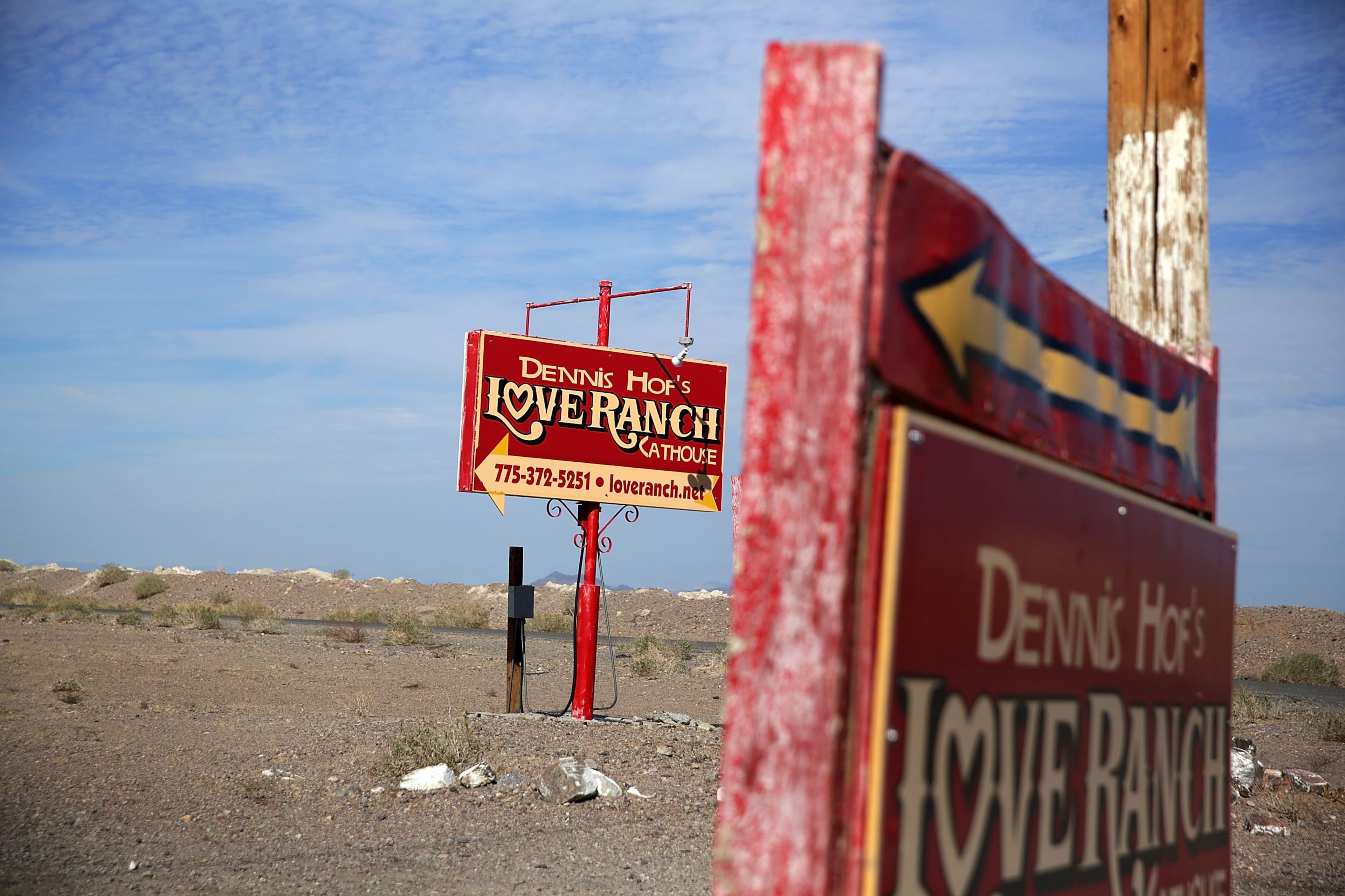 CRYSTAL, NV - OCTOBER 14: Signs for the Dennis Hof's Love Ranch is seen October 14, 2015 in Crystal, Nevada. Former NBA player Lamar Odom was found unconscious during a visit at the brothel and has been hospitalized at Sunrise Hospital and Medical Center in Las Vegas. (Photo by Alex Wong/Getty Images)