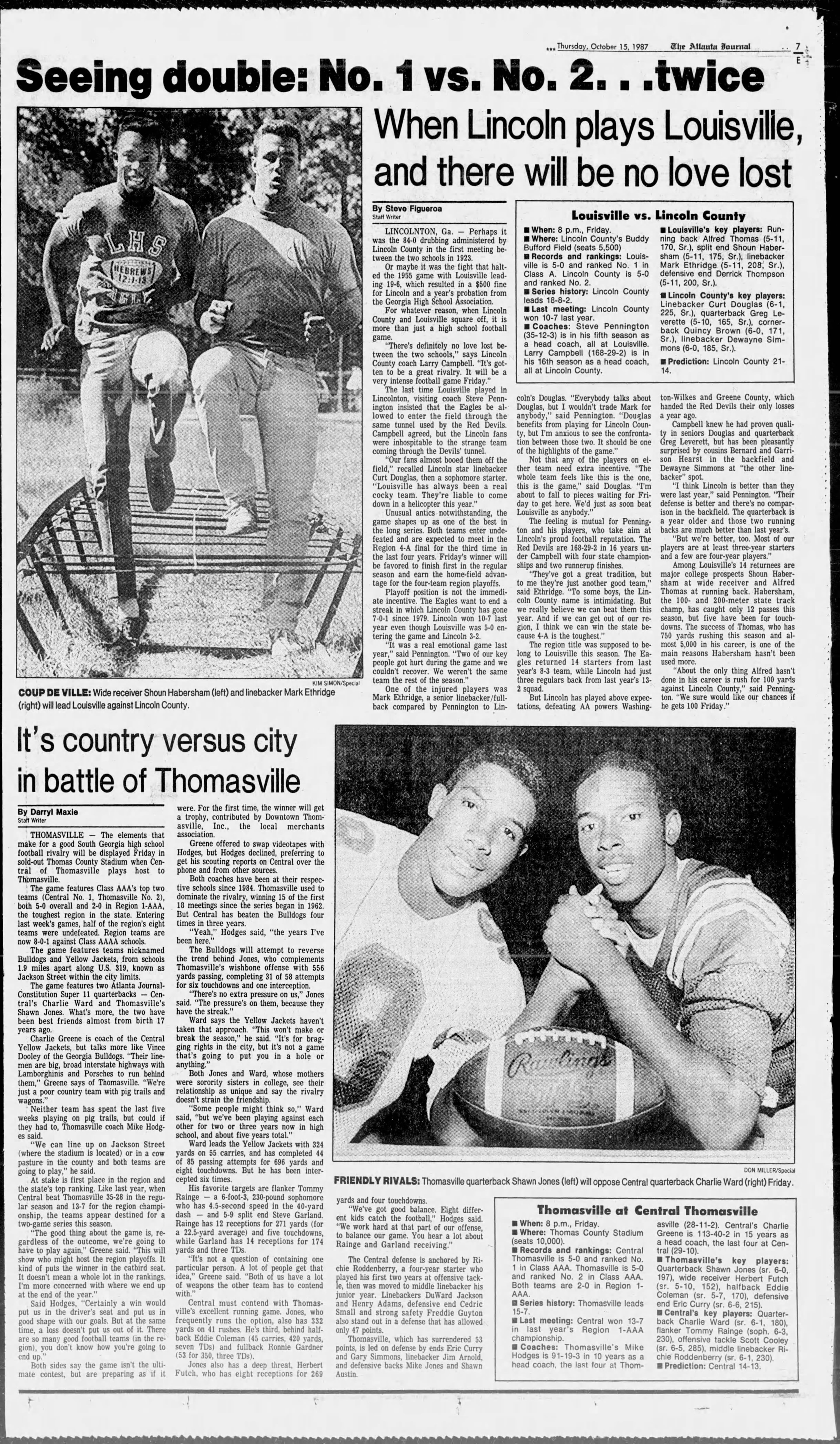 An Oct. 15, 1987, edition of The Atlanta Journal shows the last time two No. 1 vs. No. 2 matchups happened on the same night. (AJC file)