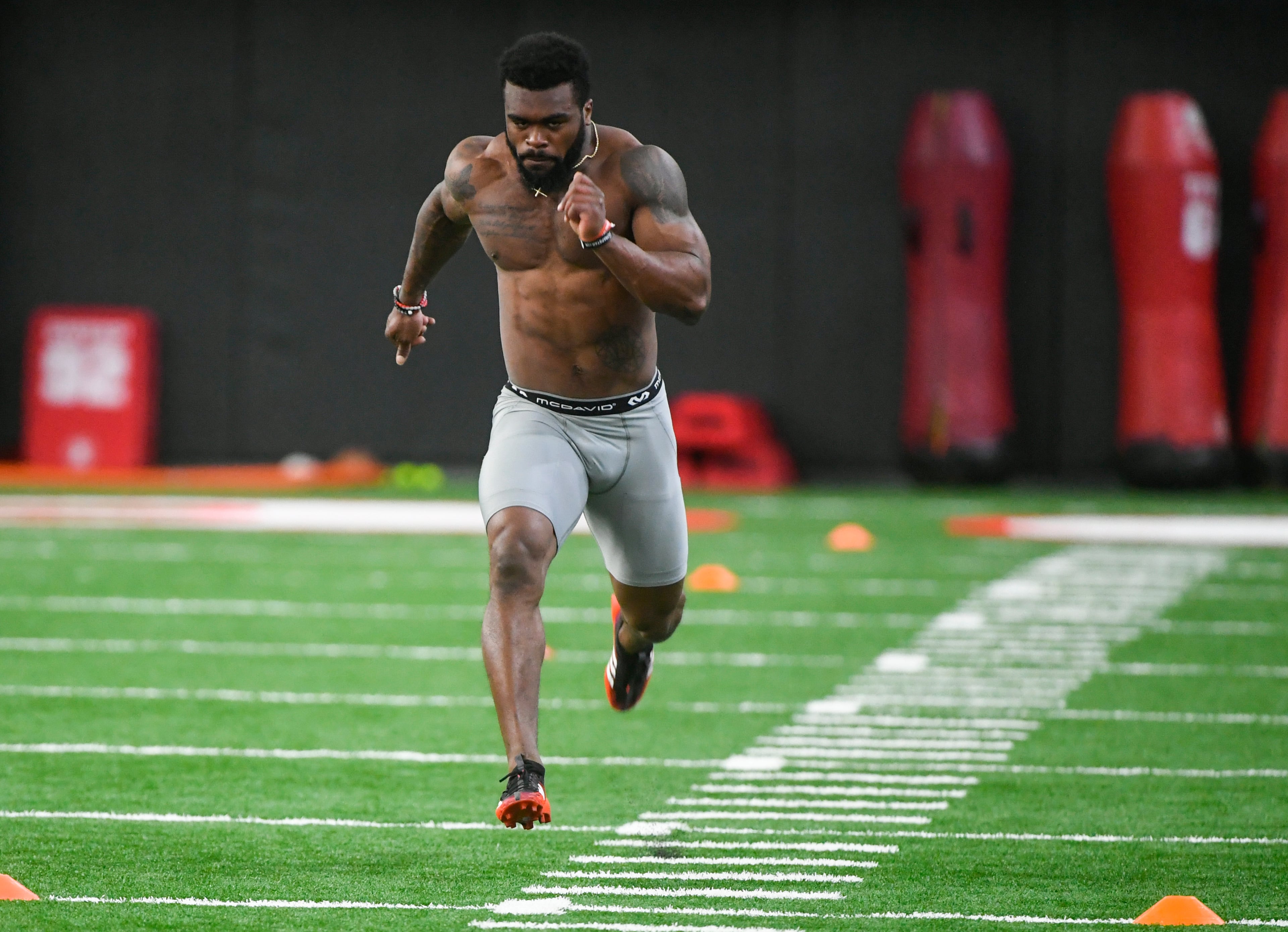 Georgia running back Elijah Holyfield runs the 40-yard dash during Pro Day at the University of Georgia, Wednesday, March 20, 2019, in Athens, Ga. (AP Photo/John Amis)