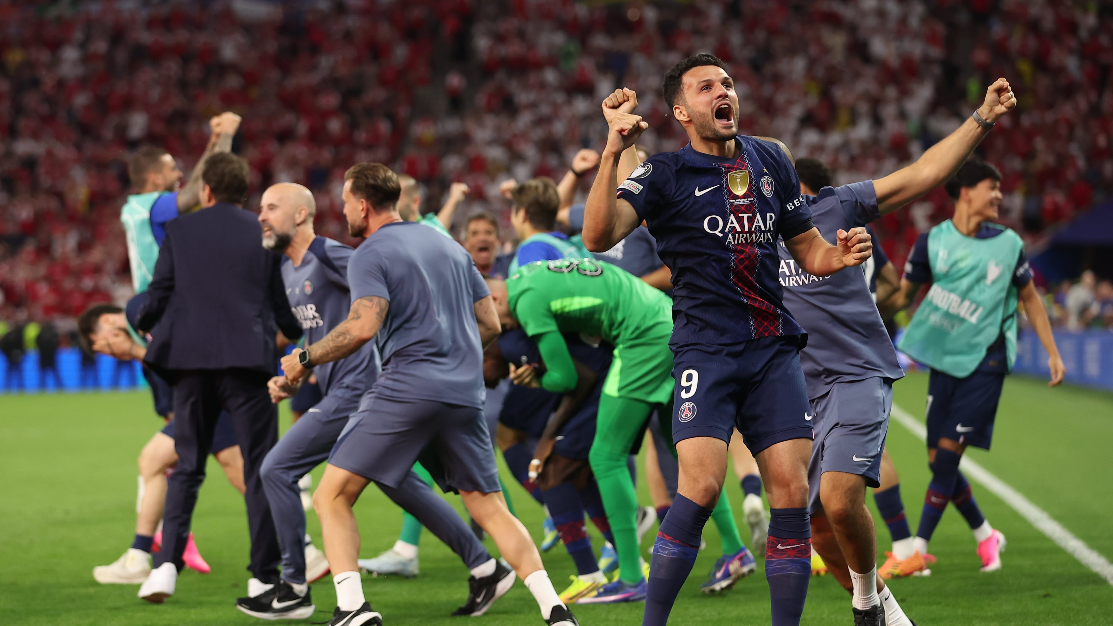 PSG's Goncalo Ramos celebrates after winning the Champions League final soccer match between Paris Saint-Germain and Arsenal in Budapest, Hungary, Saturday, May 30, 2026. AP Photo/Armin Durgut)