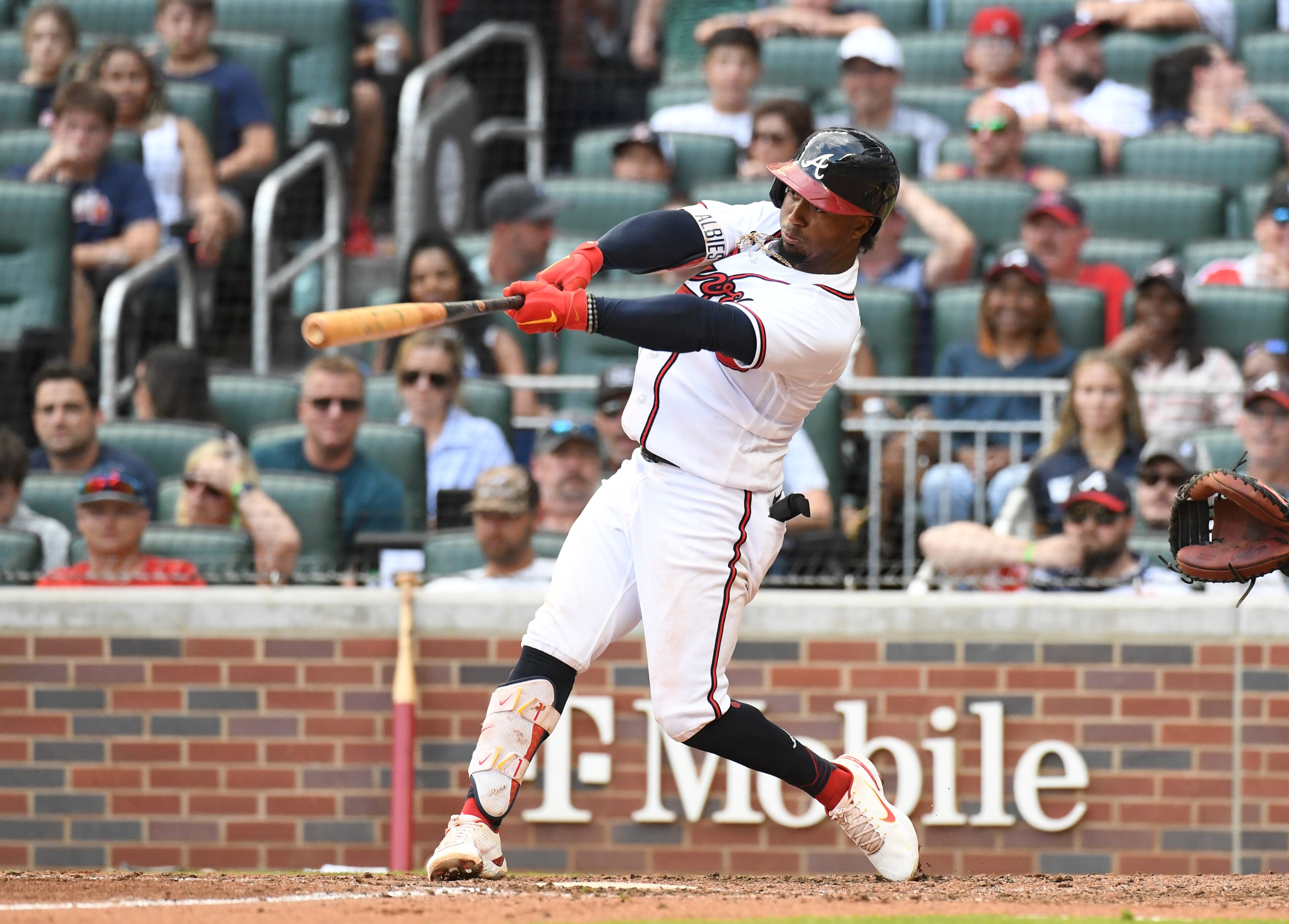 June 11, 2022 Atlanta - Atlanta Braves' third baseman Ozzie Albies (1) hits a grand slam in the 7th inning at Truist Park on Saturday, June 11, 2022. Atlanta Braves won 10-4 over Pittsburgh Pirates. (Hyosub Shin / Hyosub.Shin@ajc.com)