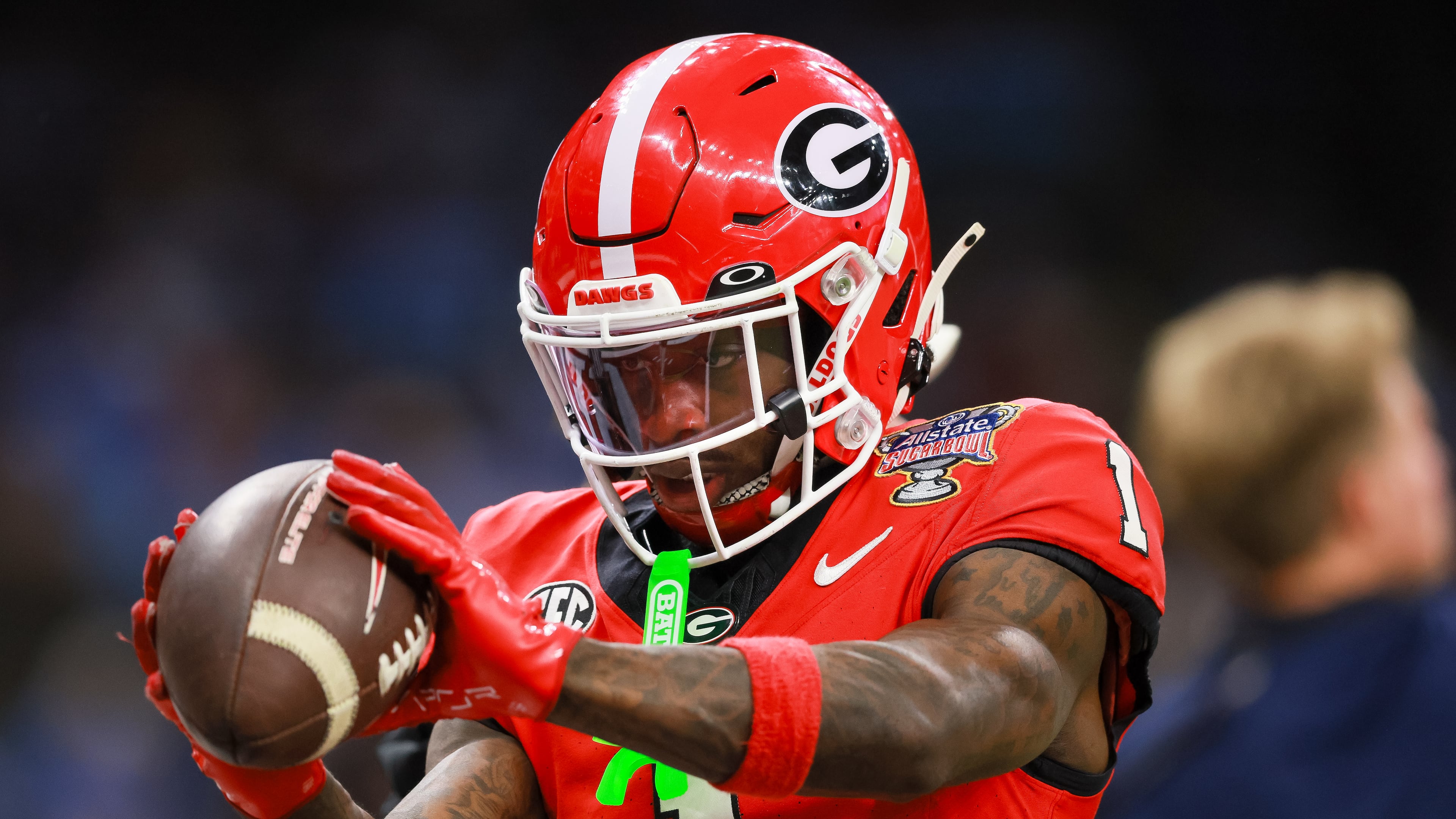 Bulldogs wide receiver Zachariah Branch warms up before the Sugar Bowl on Jan. 1, 2026. (Jason Getz/AJC)