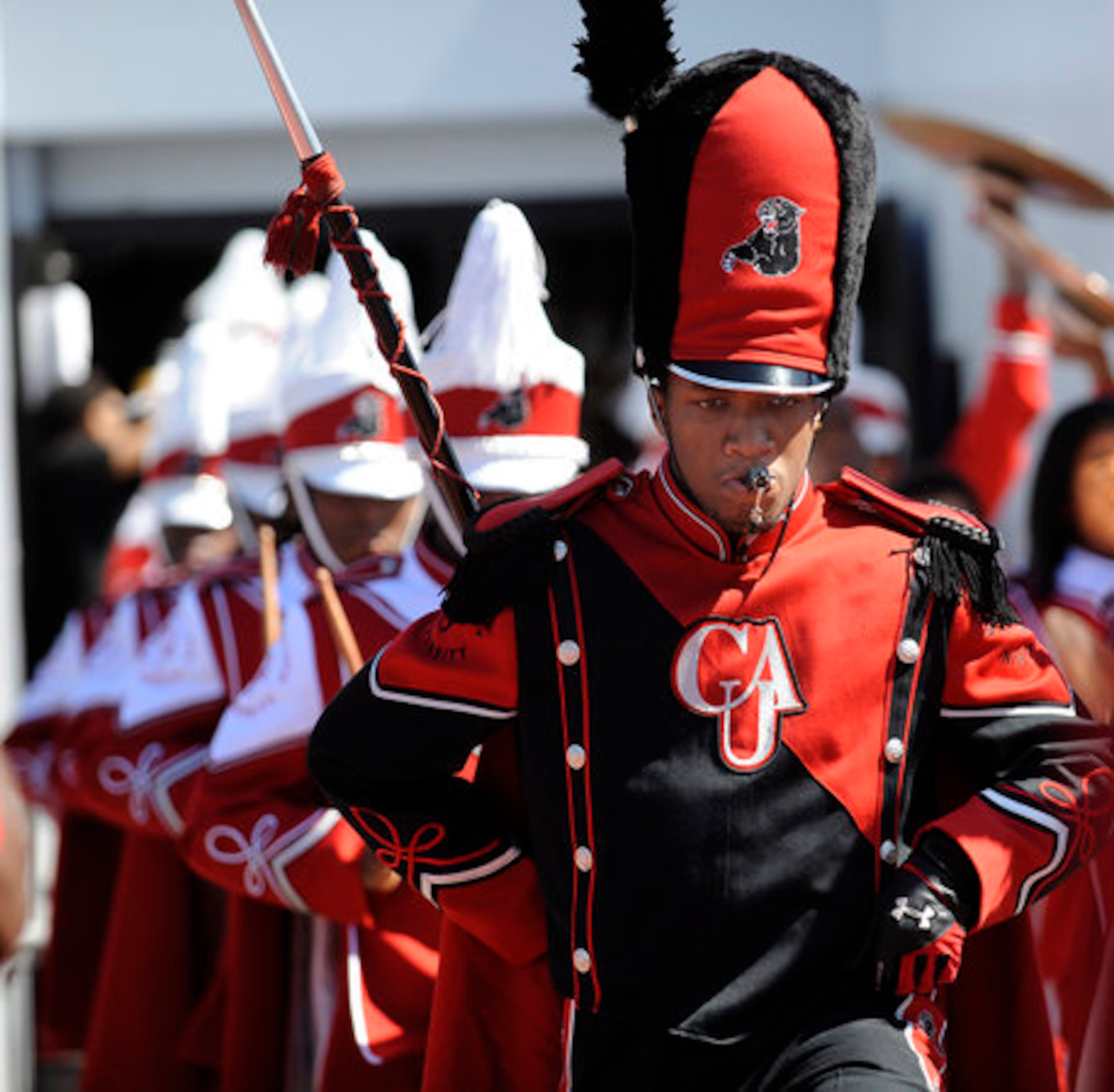 Clark Atlanta drum major Devin Barkley leads the band during its halftime performance.
