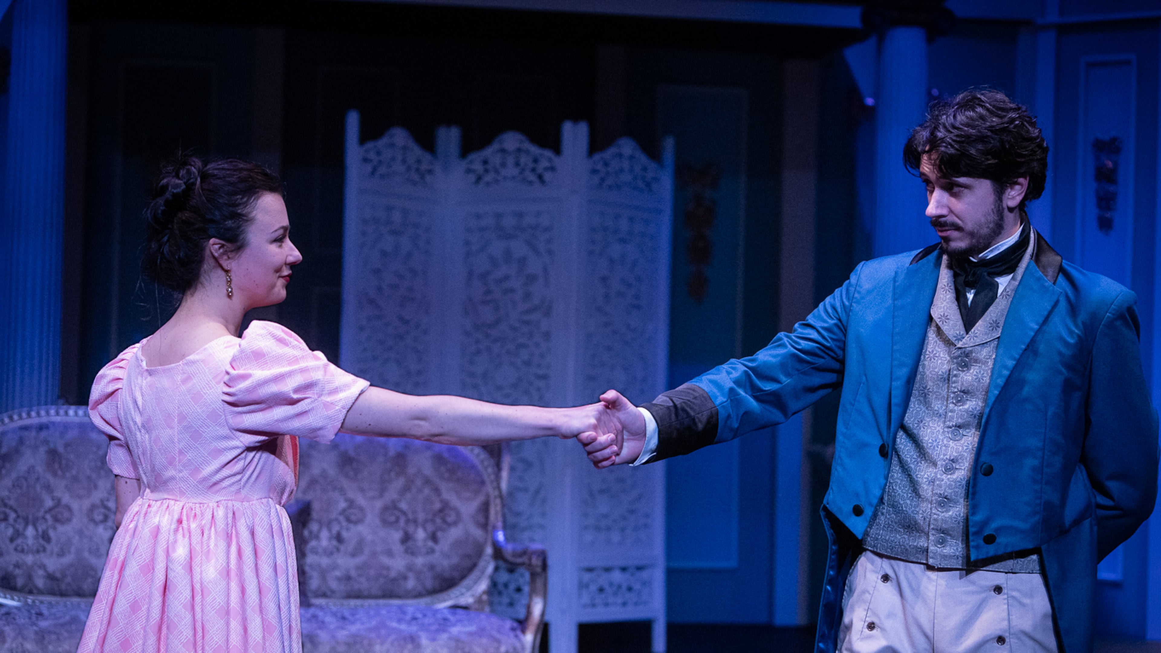Emma (Claire F. Martin) and Knightley (Luke Robbins) keep their connection at arm’s length. (Courtesy of Jeff Watkins)