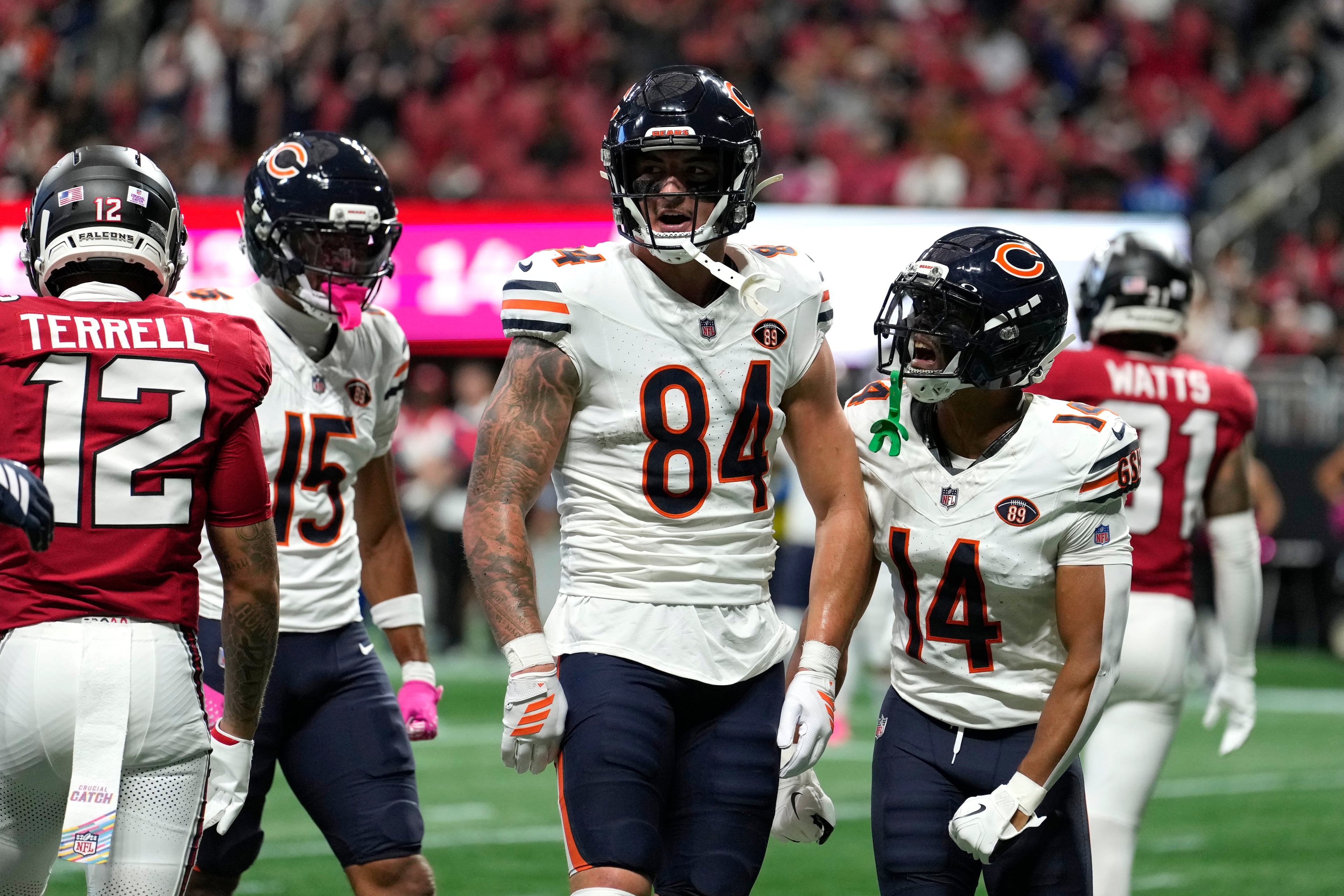 Chicago Bears tight end Colston Loveland (84) celebrates after scoring a touchdown against the Atlanta Falcons during the first half of an NFL football game in Atlanta, Sunday, Oct. 18, 2026. (AP Photo/Brynn Anderson)